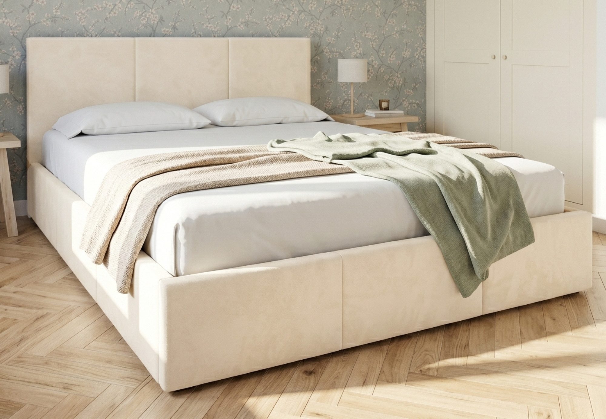 Home Collective Polsterbett Bett Doppelbett Bettgestell mit Lattenrost & Stauraum, mehrere Größen (Größen: 120x200 140x200 160x200 180x200, samtweicher Veloursstoff, in Europa hergestellt), Bettkasten, flexibler Lattenrost mit Härtegradeinstellung Creme