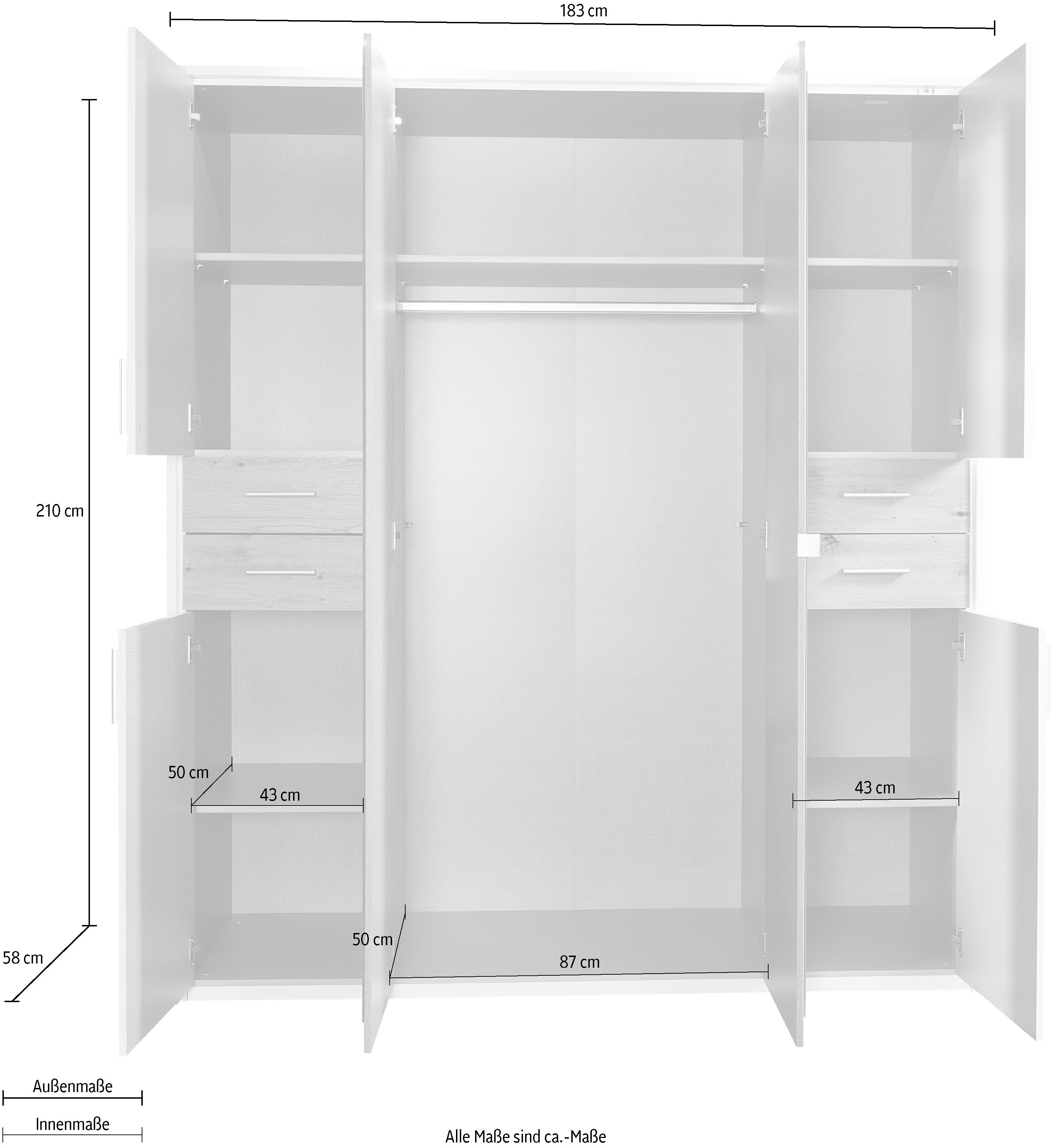 Weiß/Artisan Wimex Eiche Schubladen inklusive Nachbildung Drehtürenschrank Passepartout-Rahmen, mit Spiegeltüren und Vegas