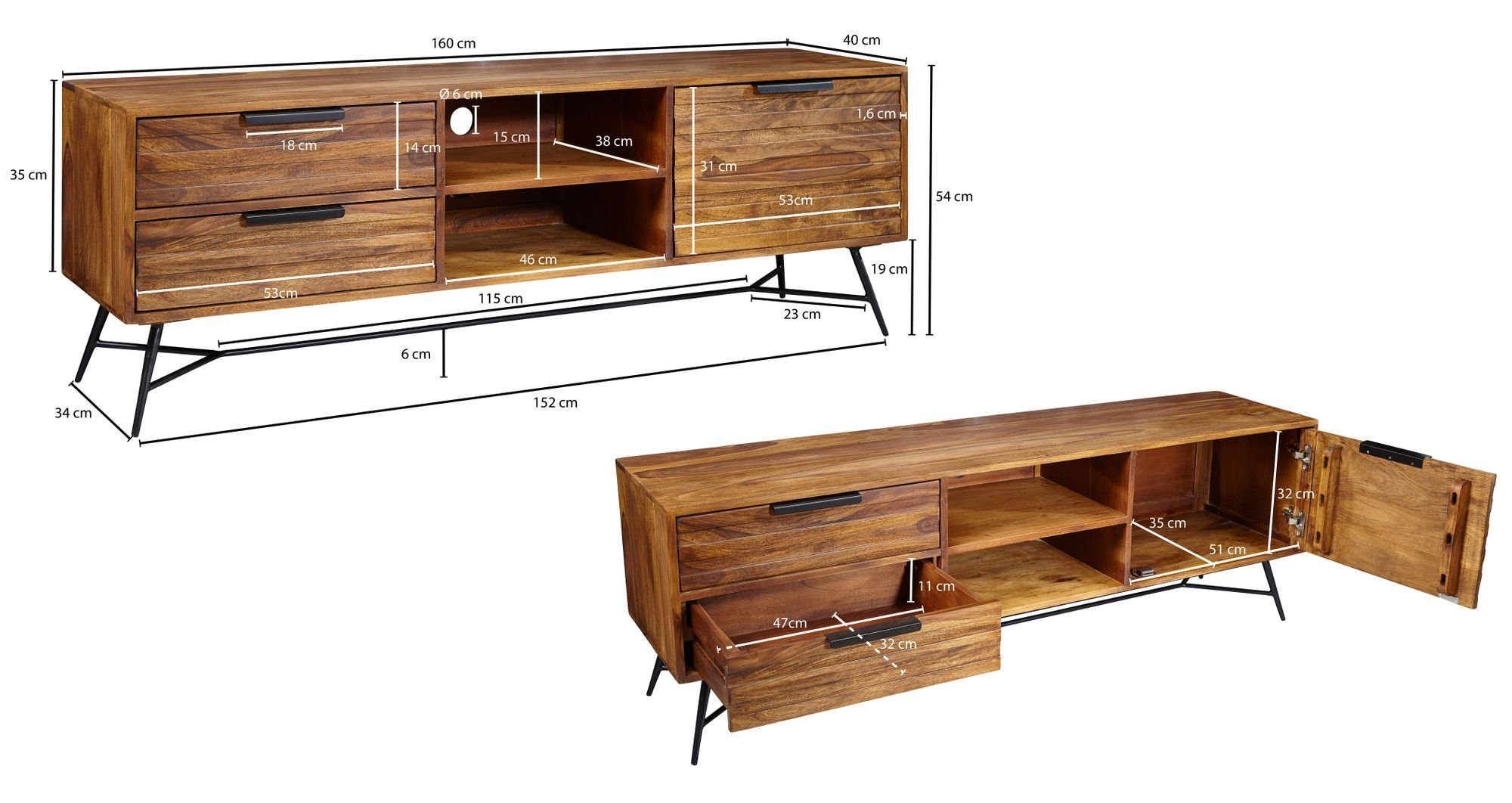 Sheesham Lowboard TV-Schrank DESIGN Massiv Holz KADIMA Hifi Board