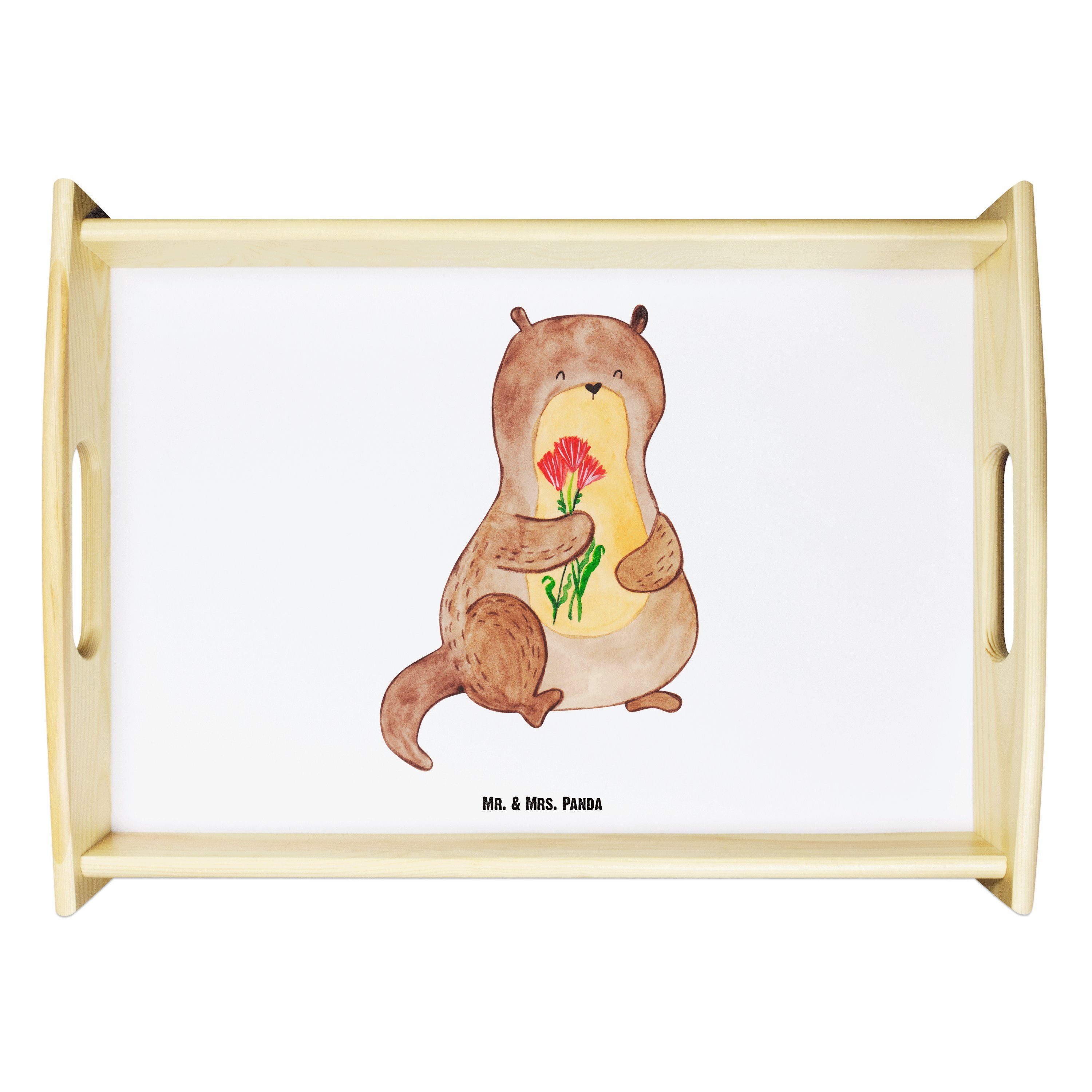 Mr. & Mrs. Panda Tablett Otter Blumenstrauß - Weiß - Geschenk, Seeotter, Frühstückstablett, sü, Echtholz lasiert, (1-tlg)