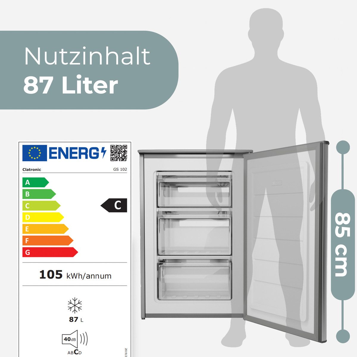 CLATRONIC Gefrierschrank GS 102, 85 cm hoch, 55 cm breit, Gefrierschrank klein, Energieklasse C, 85cm