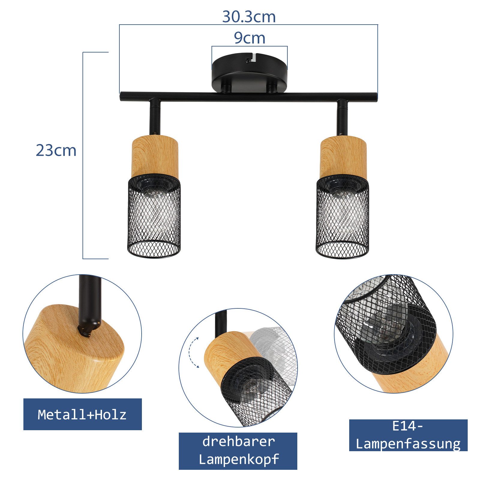 ZMH Deckenstrahler 2/3/4 Flammig 350° Schwenkbar Schwarz Vintage Flurlampe Wohnzimmer, Ersetzbare Leuchtmittel, ohne Leuchtmittel, Flexibilität in der Beleuchtung für Schlafzimmer Küche