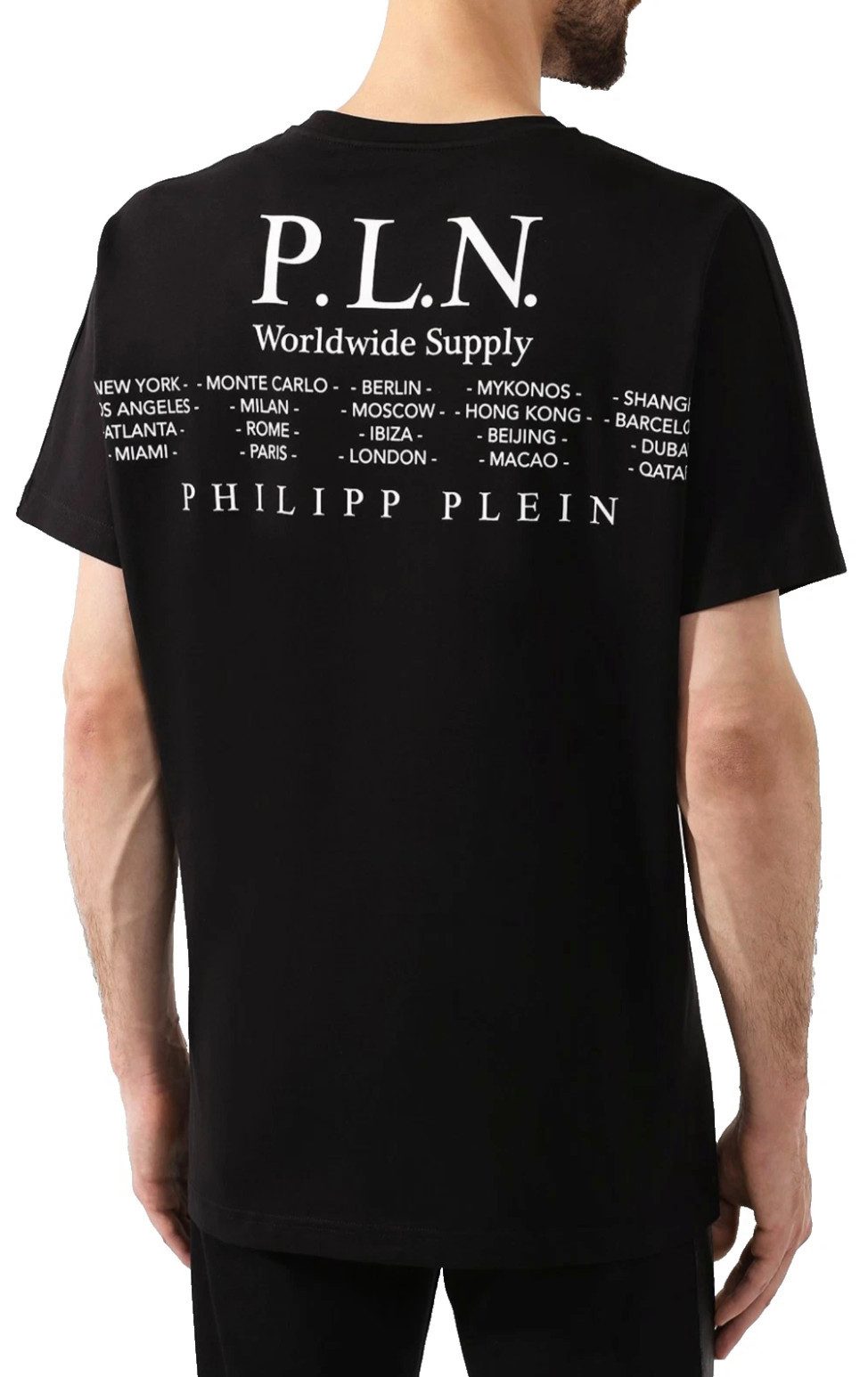 PHILIPP PLEIN T-Shirt Herren Gold Cut P.L.N. Worldwide Supply Shirt geripptem Kragen, ikonischer Schriftzug, Doppelt genähte Säume