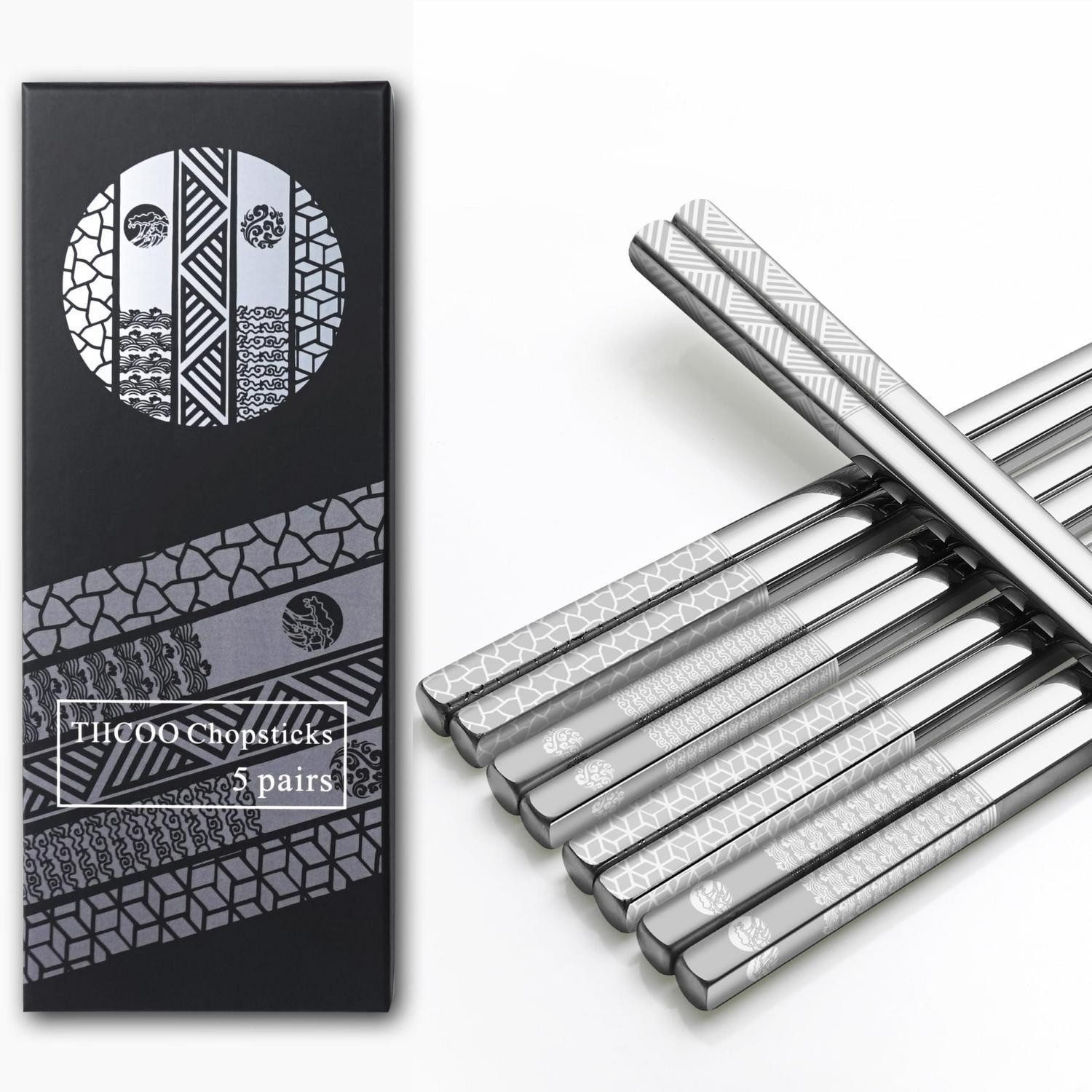 LuxusKollektion Essstäbchen Edelstahl Essstäbchen Set 5 Paar Laser Graviert Silber