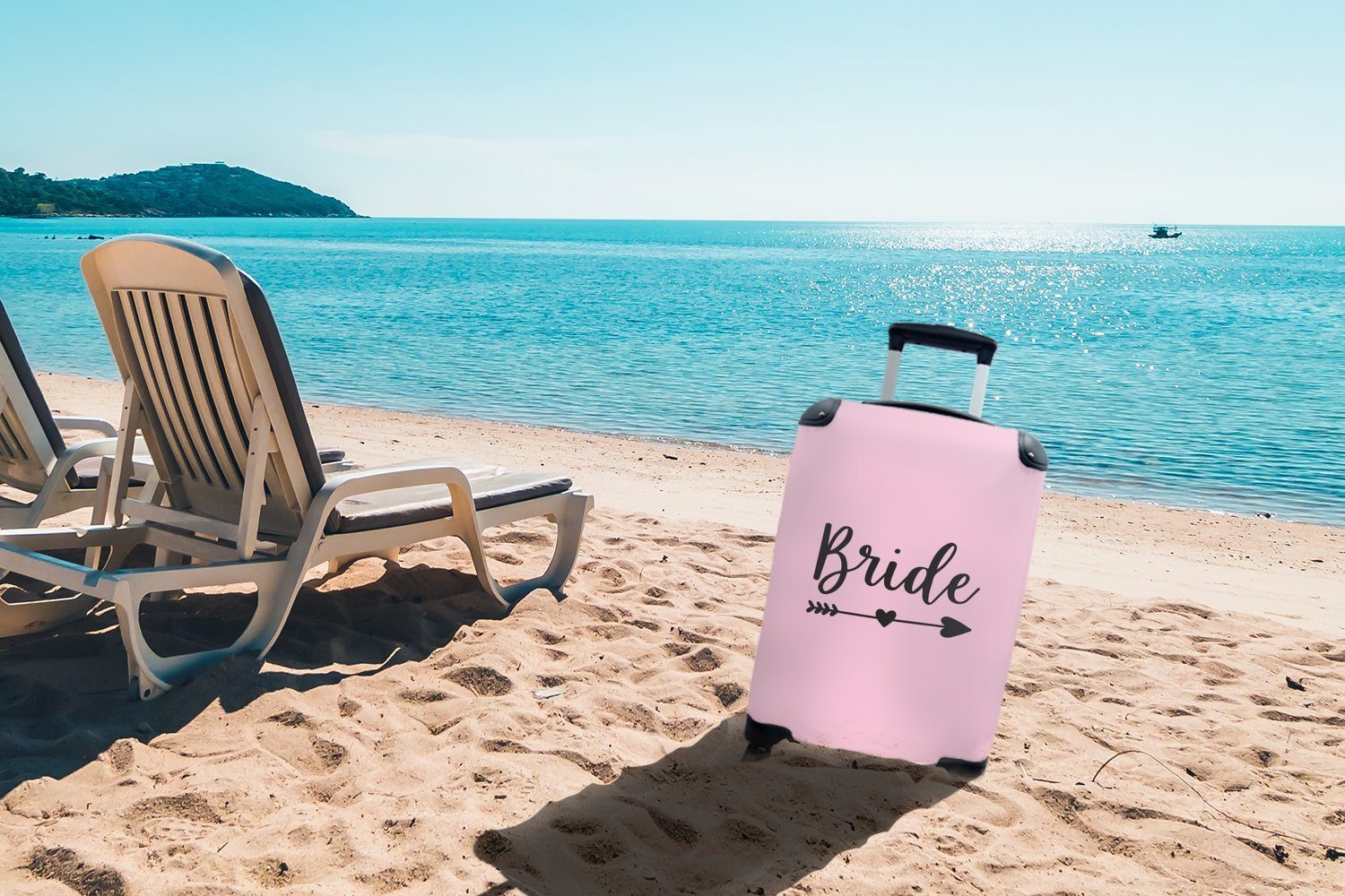MuchoWow Handgepäckkoffer Pfeil dem Wort Herz einem mit ein Trolley, rosa Handgepäck rollen, auf mit Hintergrund, "Braut" 4 Reisetasche Rollen, Reisekoffer Ferien, für durch