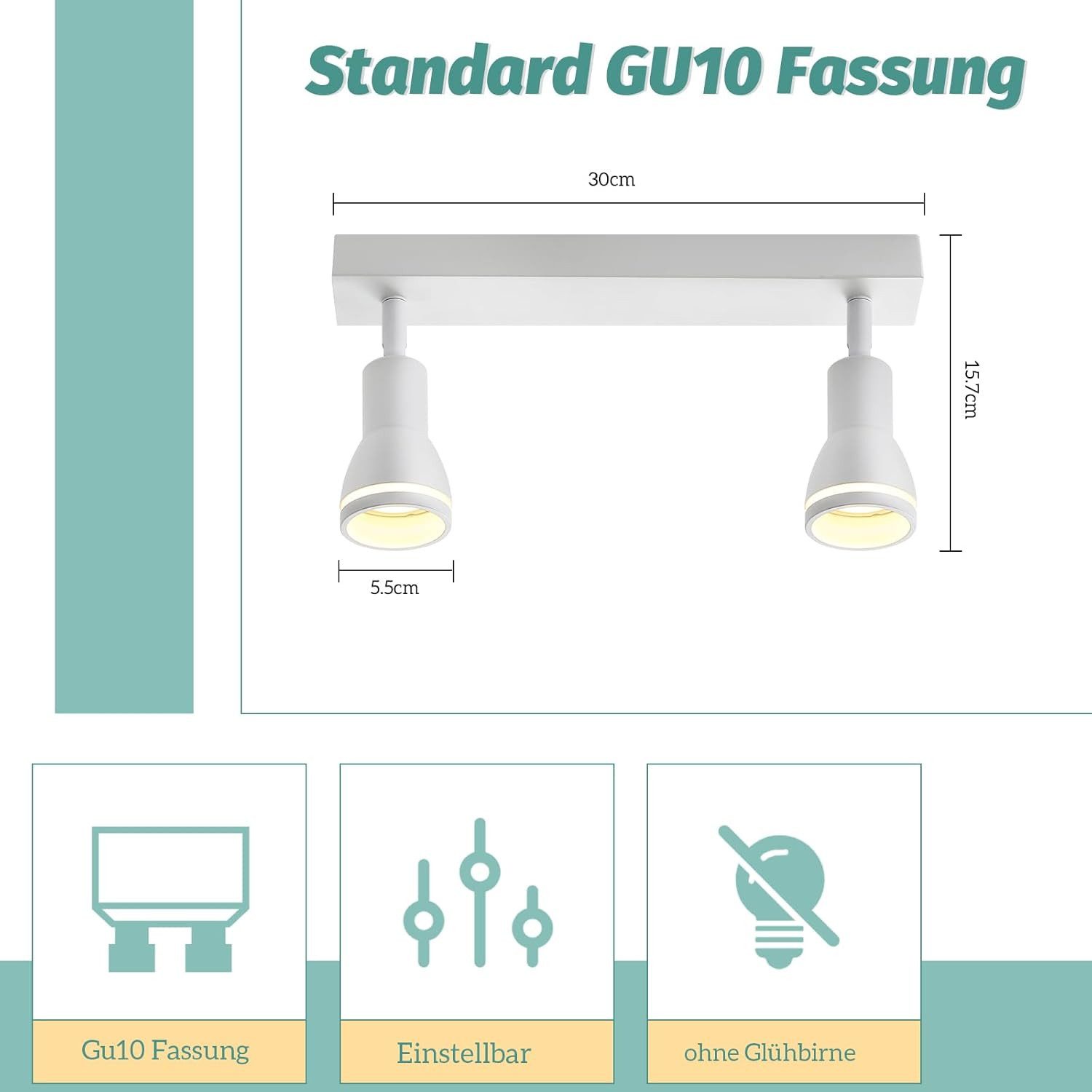 ZMH Deckenstrahler 2 Flammig Wandstrahler GU10 Schwenkbar 355° für Büro Wohnzimmer, Einfache Installation, ohne Leuchtmittel