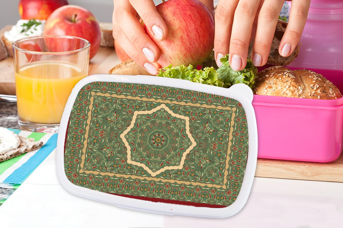 Lunchbox - - Kunststoff, Persische Snackbox, Grün, für Mädchen, - Brotdose Teppiche Teppiche Kunststoff Brotbox Mandala Erwachsene, rosa (2-tlg), MuchoWow Kinder,