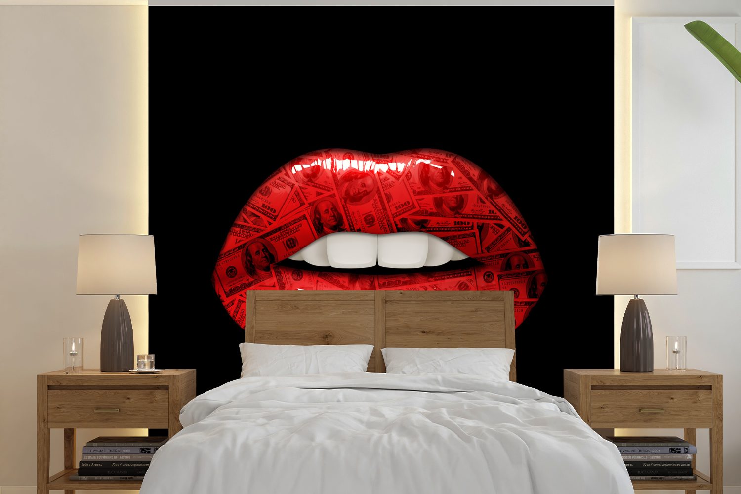 MuchoWow Fototapete Lippen - Geld - Rot, Matt, bedruckt, (5 St), Vinyl Tapete für Wohnzimmer oder Schlafzimmer, Wandtapete