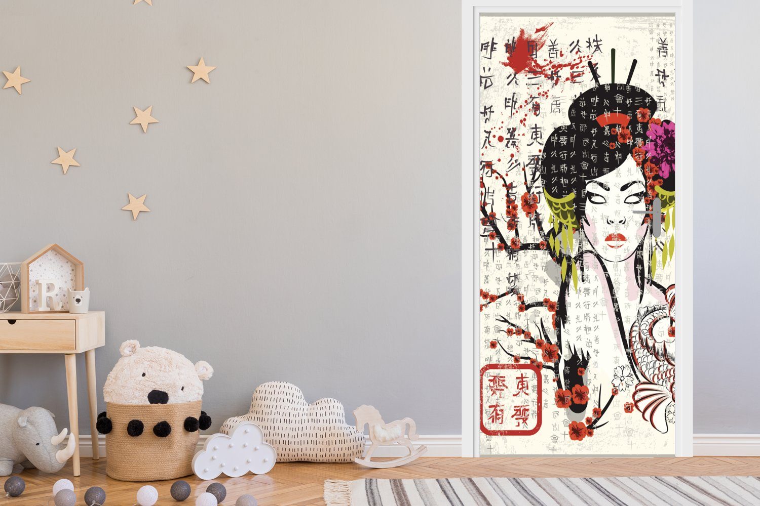 Fototapete Frau, Matt, traditionelle (1 75x205 bedruckt, St), Japanische Illustration für Türaufkleber, Tür, cm MuchoWow Türtapete