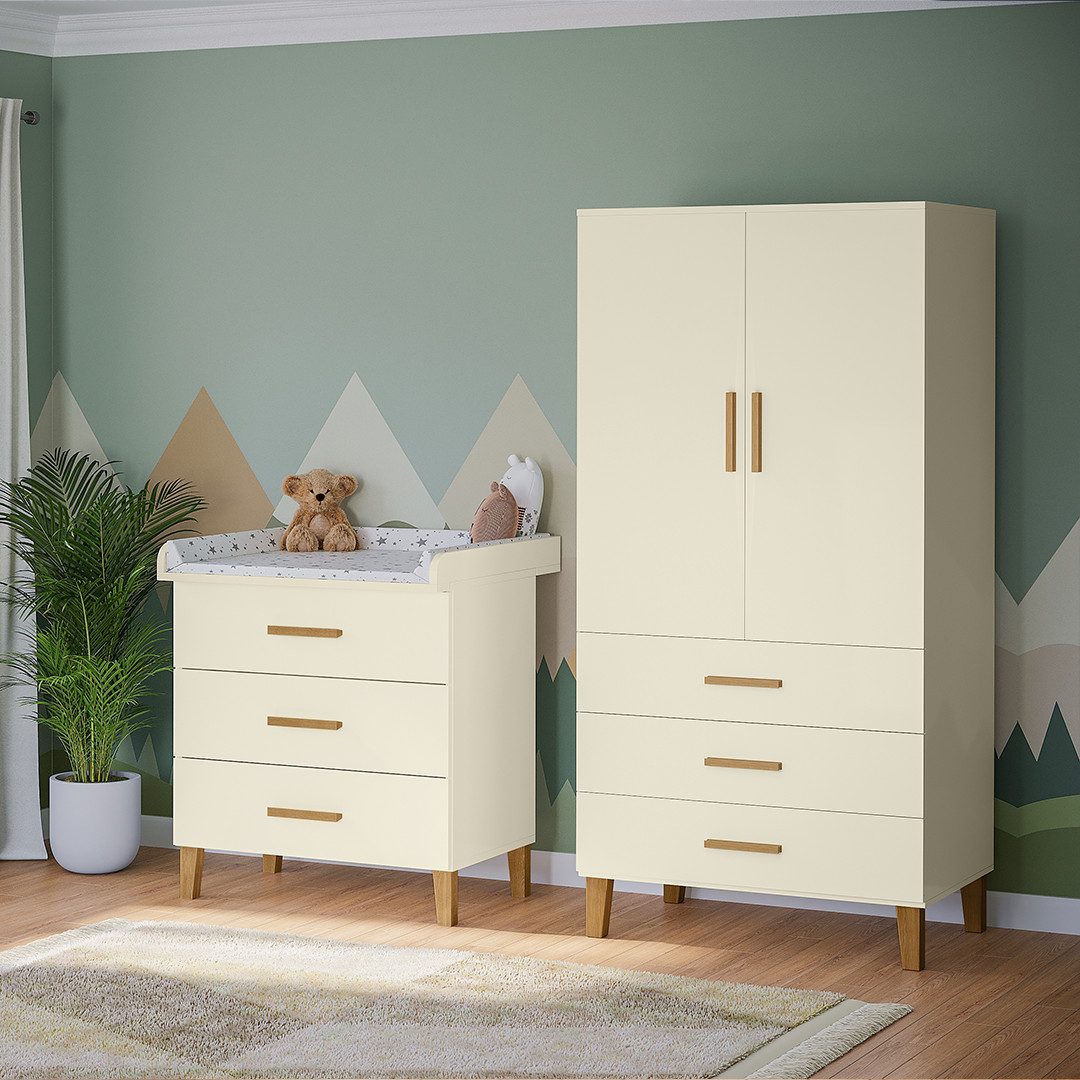 Bellabino Babymöbel-Set Liri, (Beige/Natur, 2-tlg., Wickelkommode und Kleiderschrank), abnehmbarer Wickelaufsatz