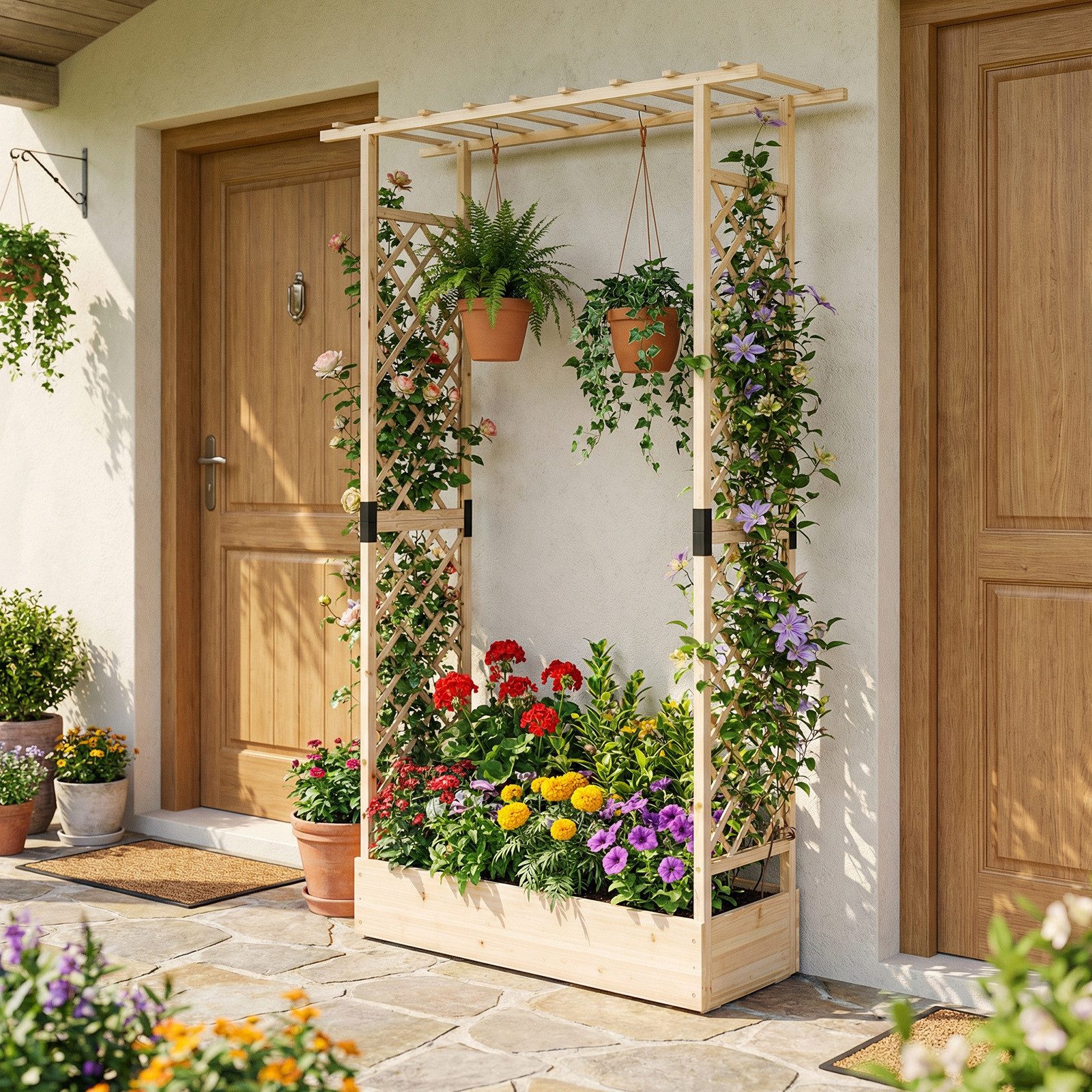 COSTWAY Blumenkasten (1 St), mit Rankgitter, Hochbeet für Kletterpflanzen, Sichtschutz
