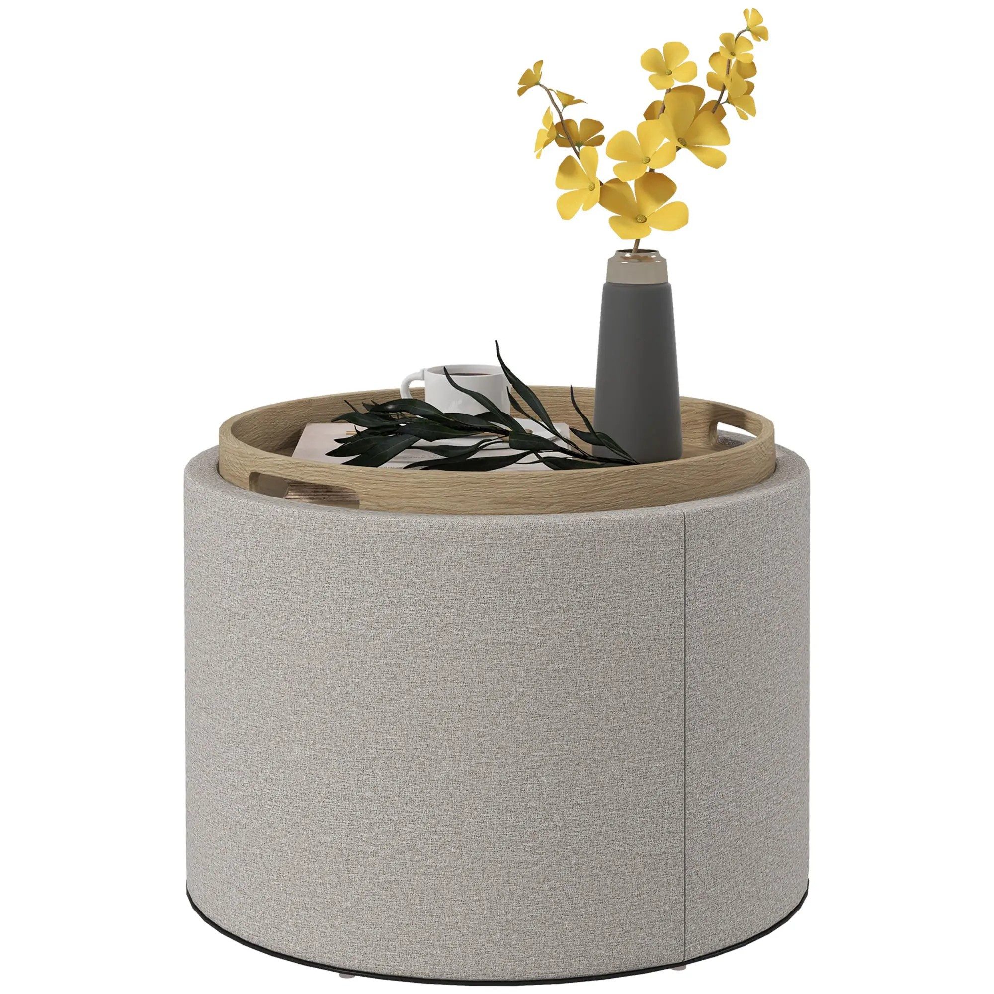 BlingBin Sitzhocker Couchtisch mit Stauraum, Runder Hocker mit Klappdeckel Leinenoptik (1 Stück, 1 St., 56cm x 56cm x 42cm), 56 x 56 x 42 cm Polsterhocker für Wohnzimmer, Schlafzimmer