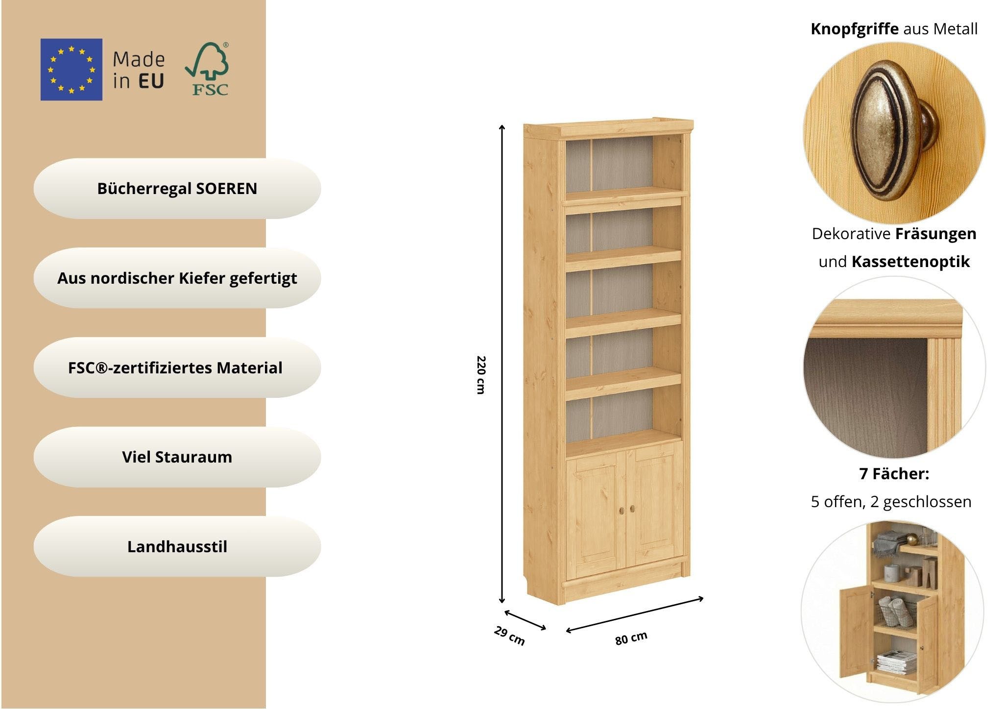 OTTO home Bücherregal mit 2 Türen Soeren Regal Aktenregal B/T/H: 80/29/220 cm, massive Kiefer, FSC®-zertifiziert