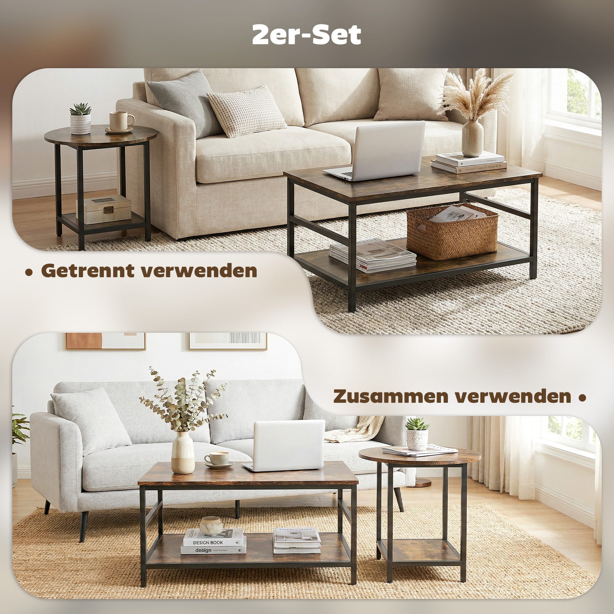 HOMCOM Beistelltisch Couchtisch mit Ablagen (Wohnzimmertisch, 2-St., Kaffeetisch), für Wohnzimmer, Schlafzimmer, Rustikal-Braun – Bild 4 von 5