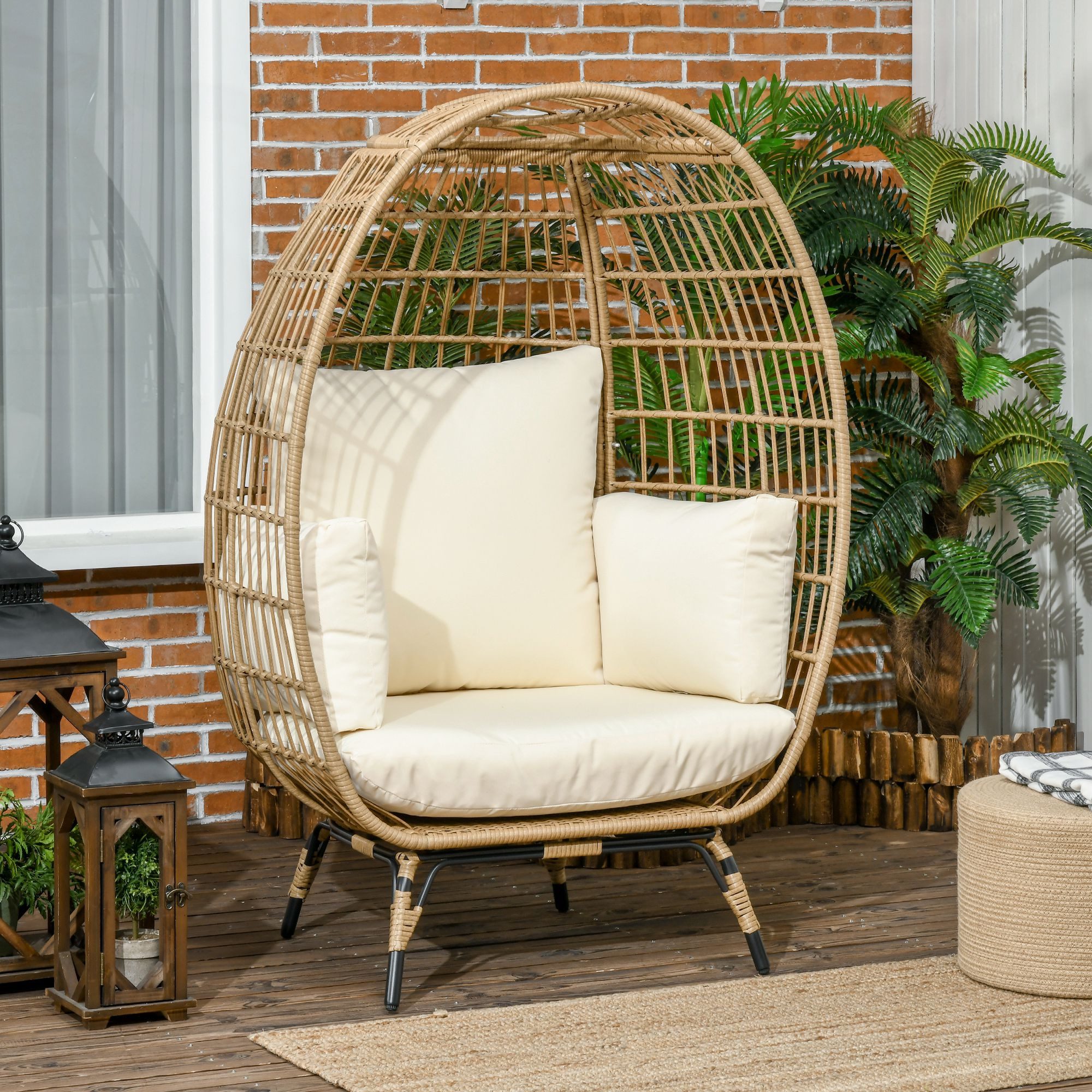 Outsunny Rattanstuhl Rattansessel in Korbform, Erhöhter Gartensessel, Balkon, Terrasse (Rattansessel, 1 St), Metall, Khaki, 105 x 90 x 148 cm