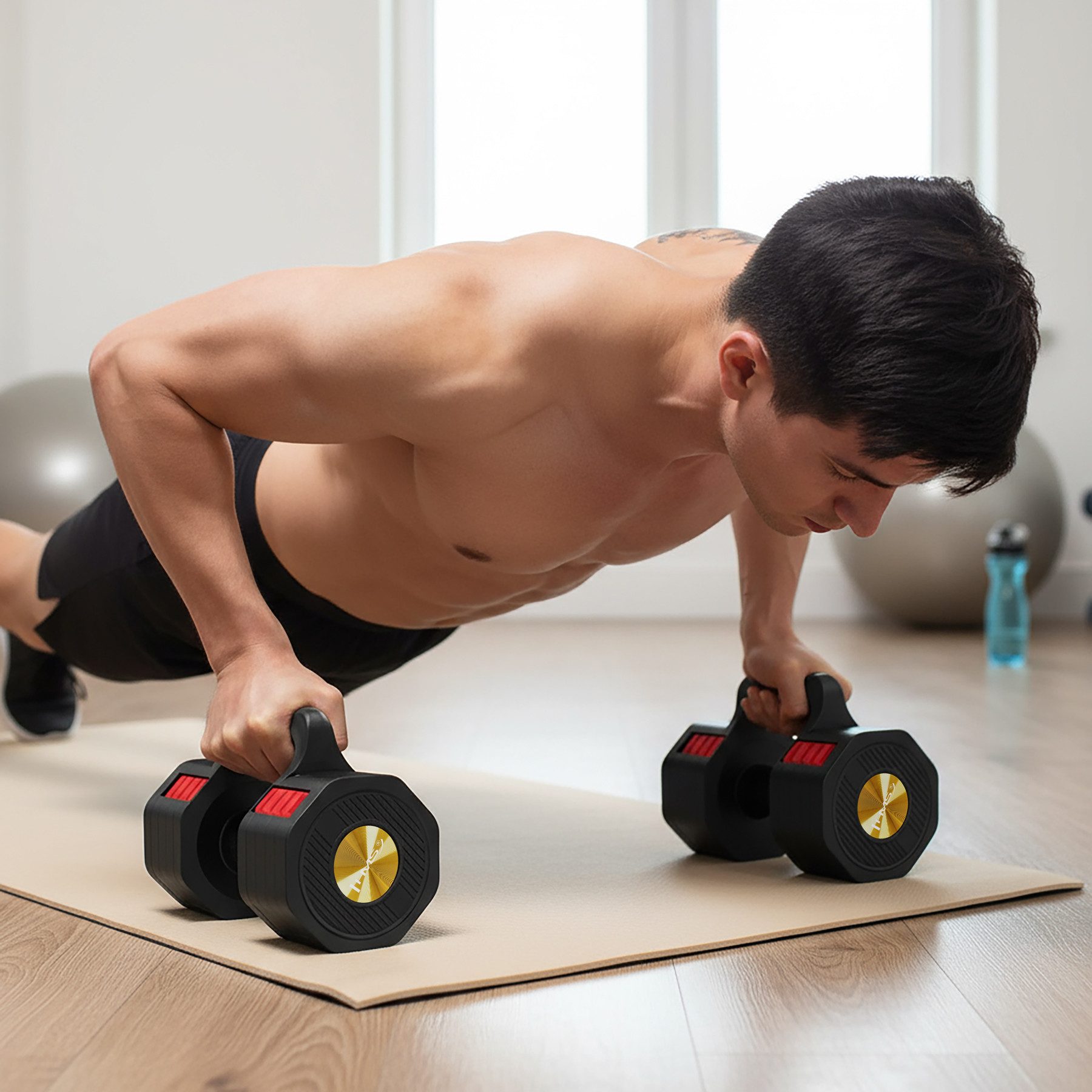 HMS Hantel Multifunktionshantel Kettlebell Liegestützgriff, (Spar-Set, 34 x 14 x 14 cm achteckig), 3in1, verstellbar 2,27-11,34 kg, Nackenpolster