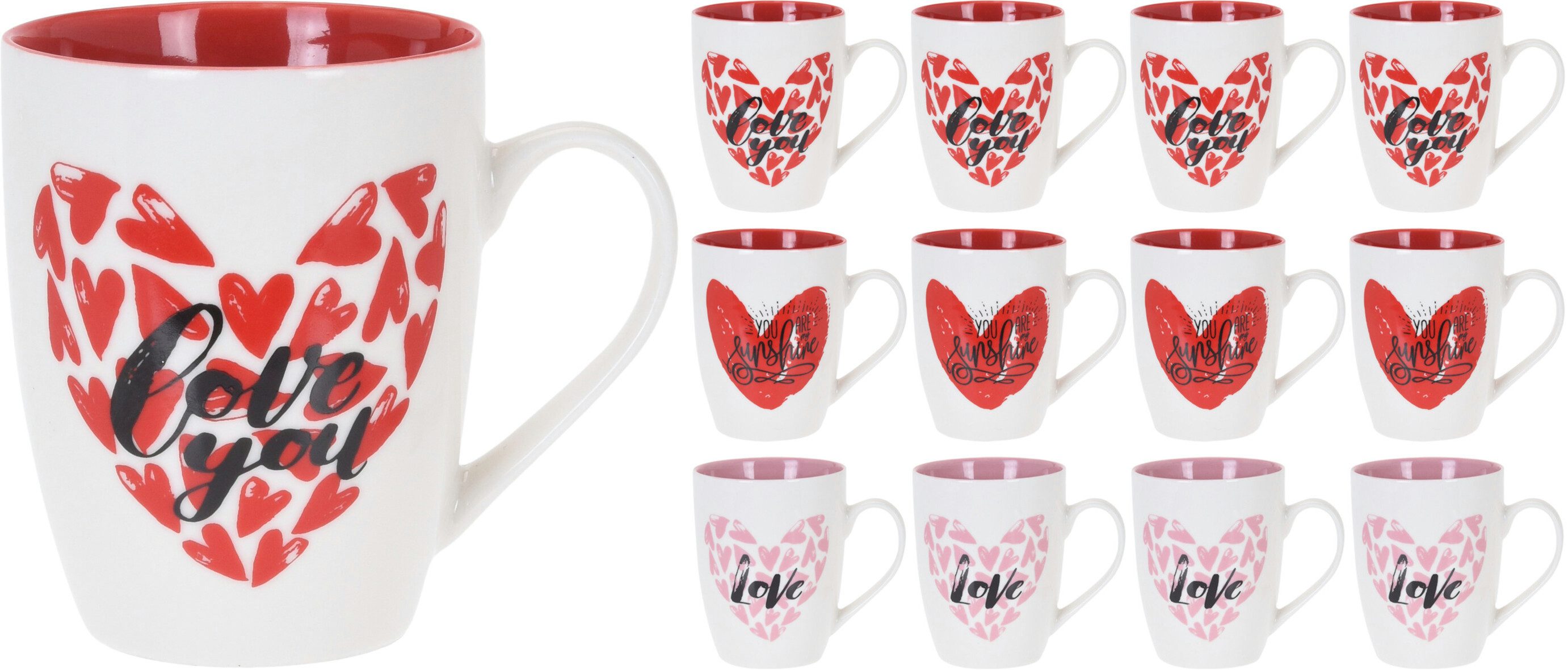 Koopman Becher Kaffeebecher Cafe Kaffeetasse Heißgetränke Trinkbecher, Porzellan, 12 tlg, Kaffeetasse, 3 Motive, Teetasse, Valentinstag Muttertag