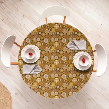 Abakuhaus Tischdecke Rundum-elastische Stofftischdecke, Gelb Braun Round Retro Gänseblümchen