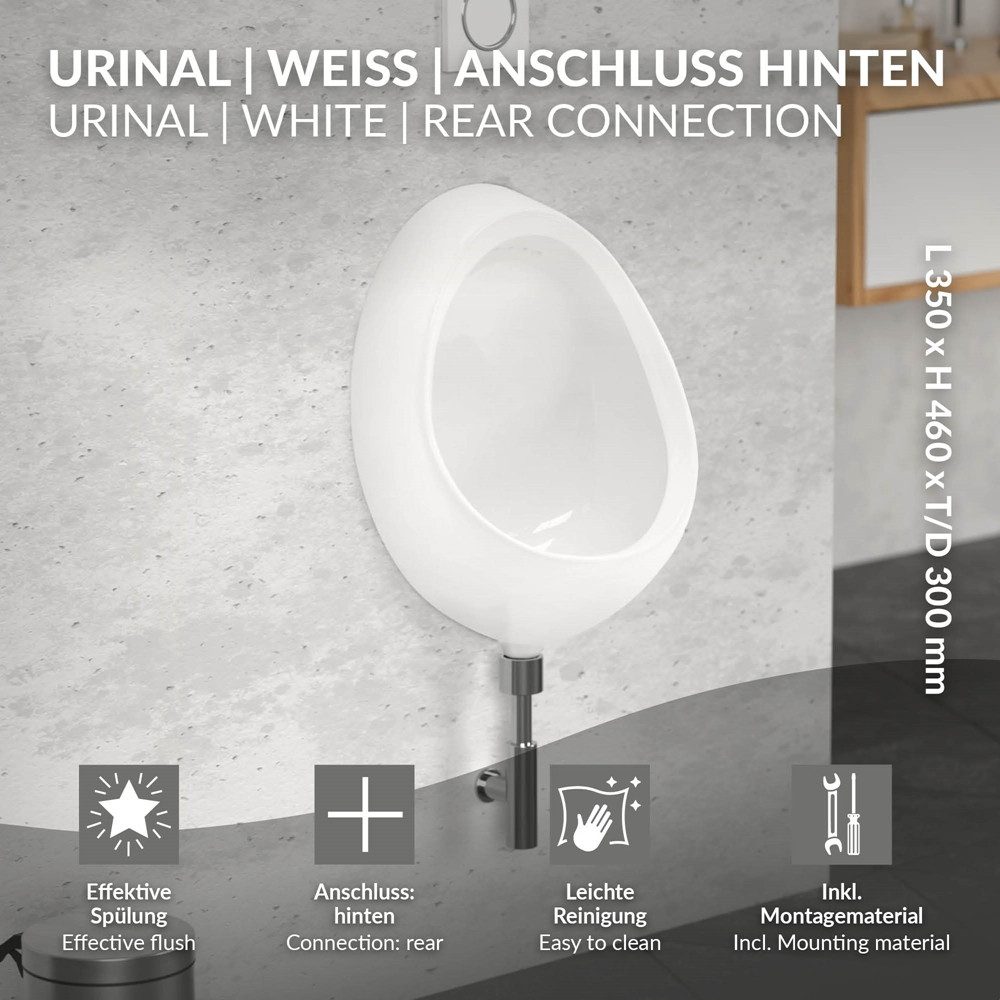 LuxeBath Urinal Hochwertige Keramik Pinkelbecken, Spülrand Geschlossen, Keramik, Zulauf von Hinten Ablauf nach hinten WC-Urinal Absaugeurinal Becken