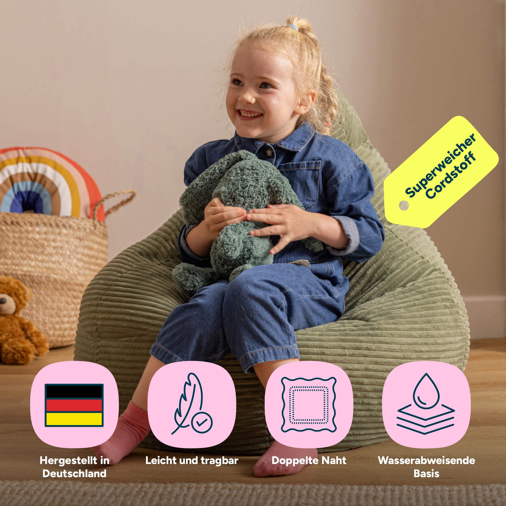 icon Sitzsack Kinder Sessel aus Cord Flauschig „Dalton", 69x59x65cm, Made in Germany, für Kinderzimmer, mit Füllung – Bild 3 von 5
