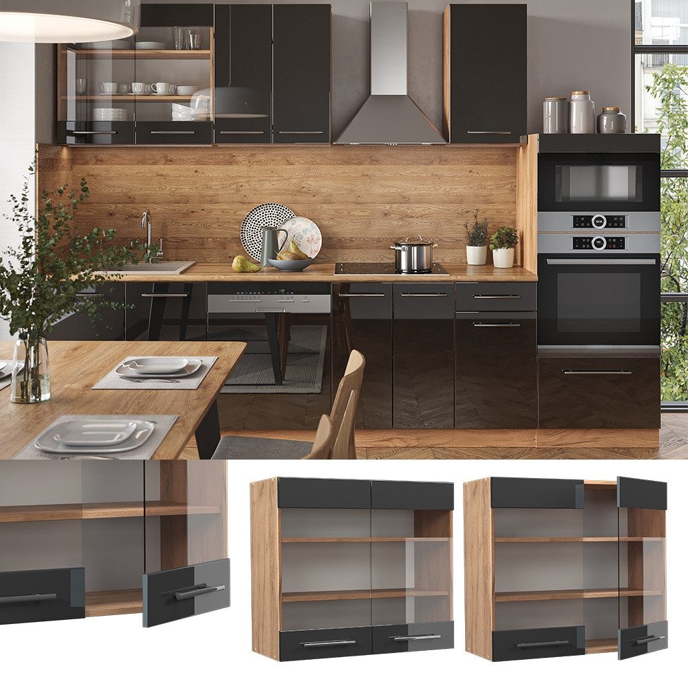 Vicco Glashängeschrank Fame-Line, Anthrazit Hochglanz/Goldkraft Eiche, 80 cm (1-St) – Bild 2 von 5