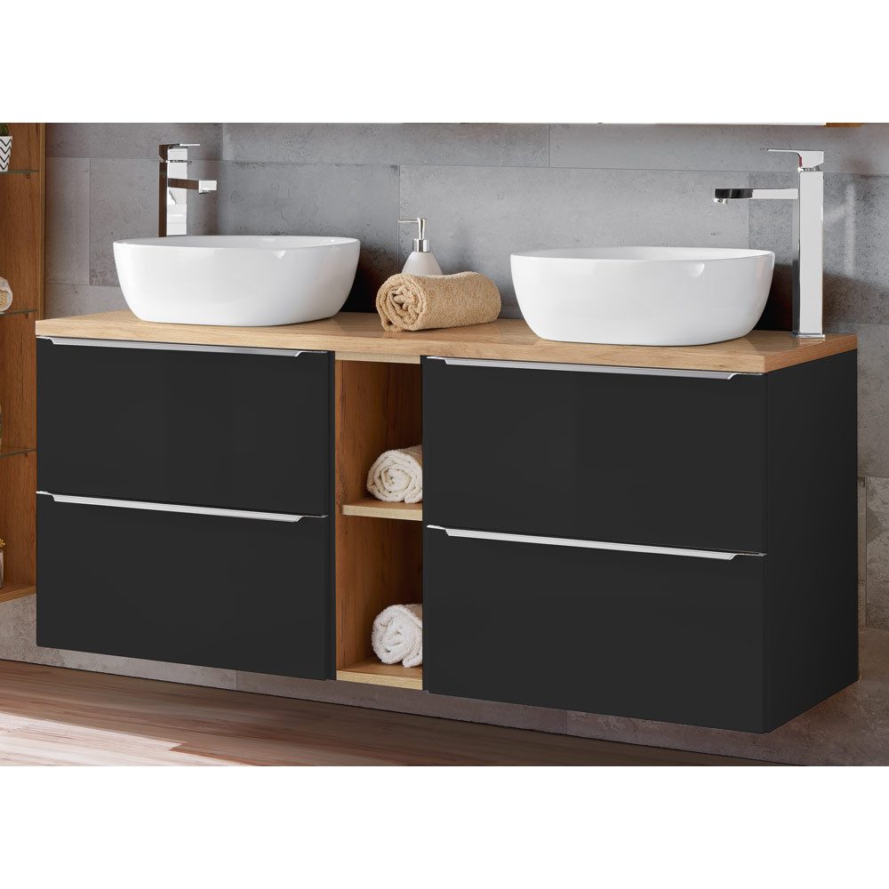 Lomadox Waschtisch TOSKANA-BLACK-56, anthrazit Eiche mit 2 Keramik-Aufsatzbecken 140/94/46cm