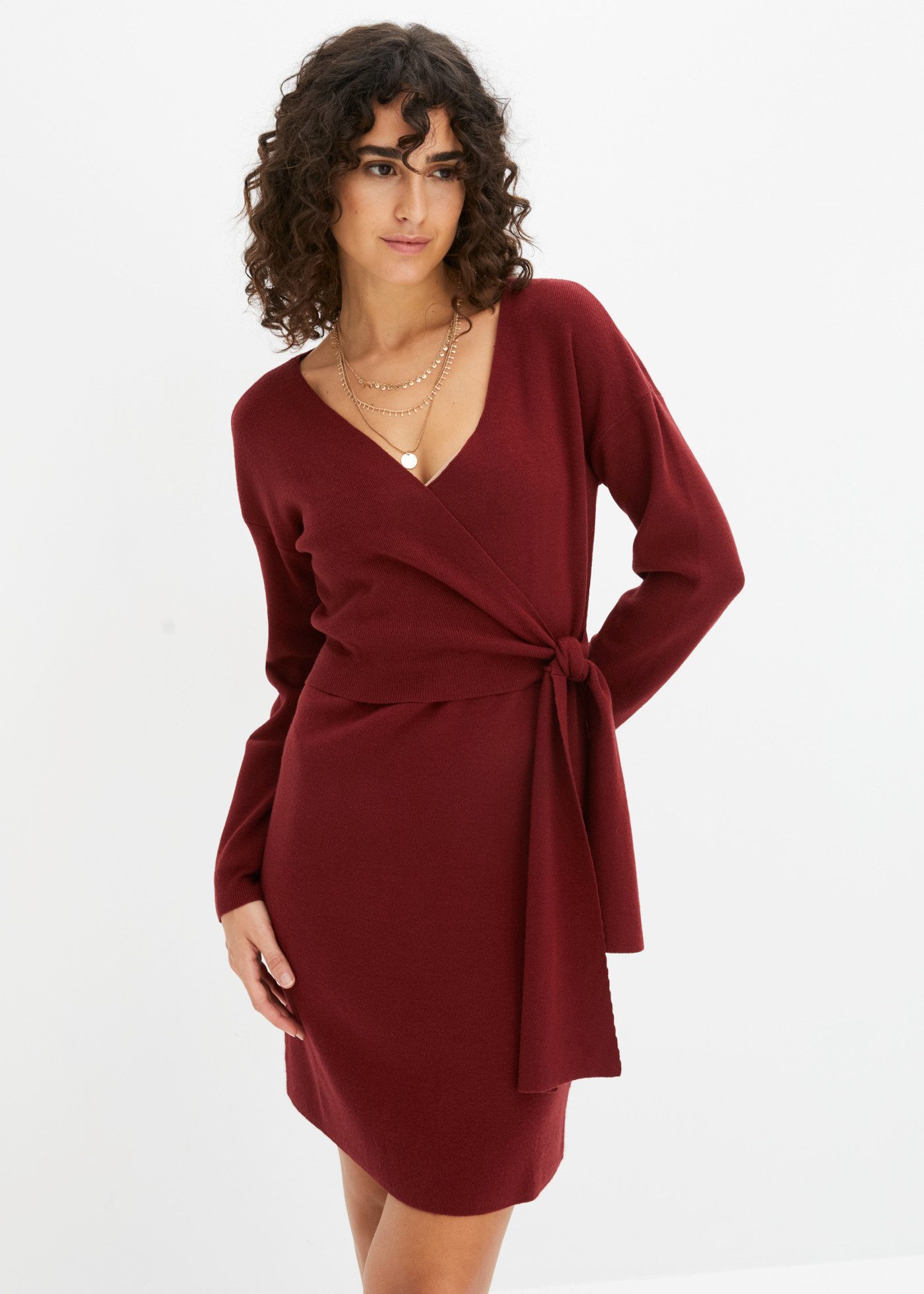 bonprix Strickkleid in Wickeloptik, mit V-Ausschnitt, slim fit