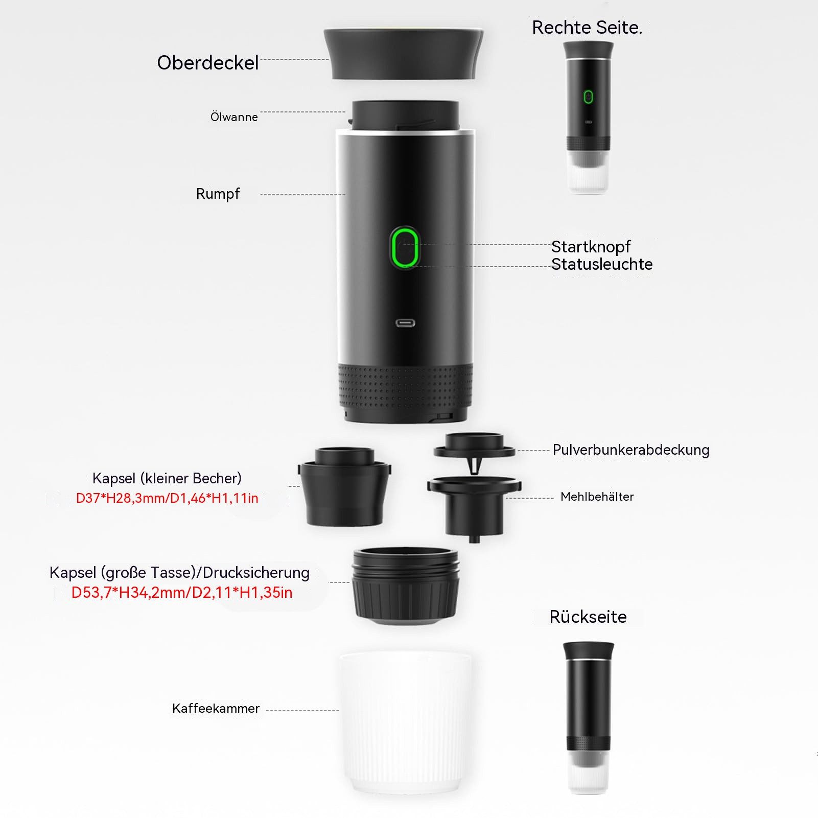 TWUFY Filterkaffeemaschine Tragbare,Kaffeemaschine Auto,Portable Reisekaffeemaschine,für unterwegs oder Camping, 0.06l Kaffeekanne, Kapselsystem & Pulverfilter (wiederverwendbar), 3-in-1 Espressomaschine mit 3 austauschbaren Akkus