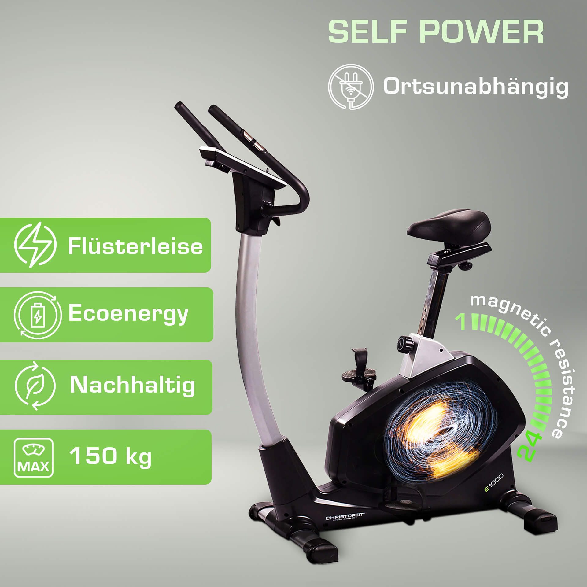 Christopeit Sport® Ergometer Eco 1000 (mit Tablet-Halterung), 150 kg max. Benutzergewicht, Fahrrad, 24 Widerstandsstufen