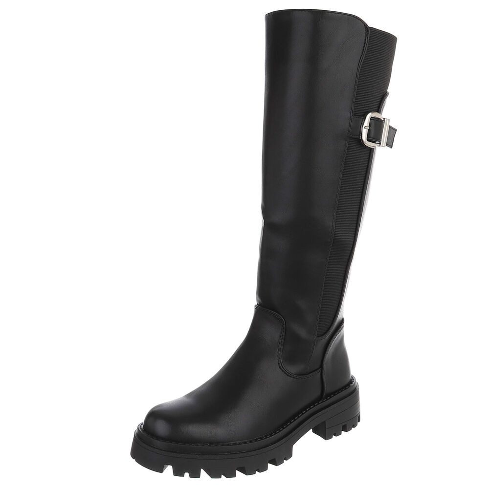 Ital-Design Damen kniehohe Stiefel mit Schnalle und Profilsohle Plateaustiefel (92078609) Blockabsatz Stiefel in Schwarz