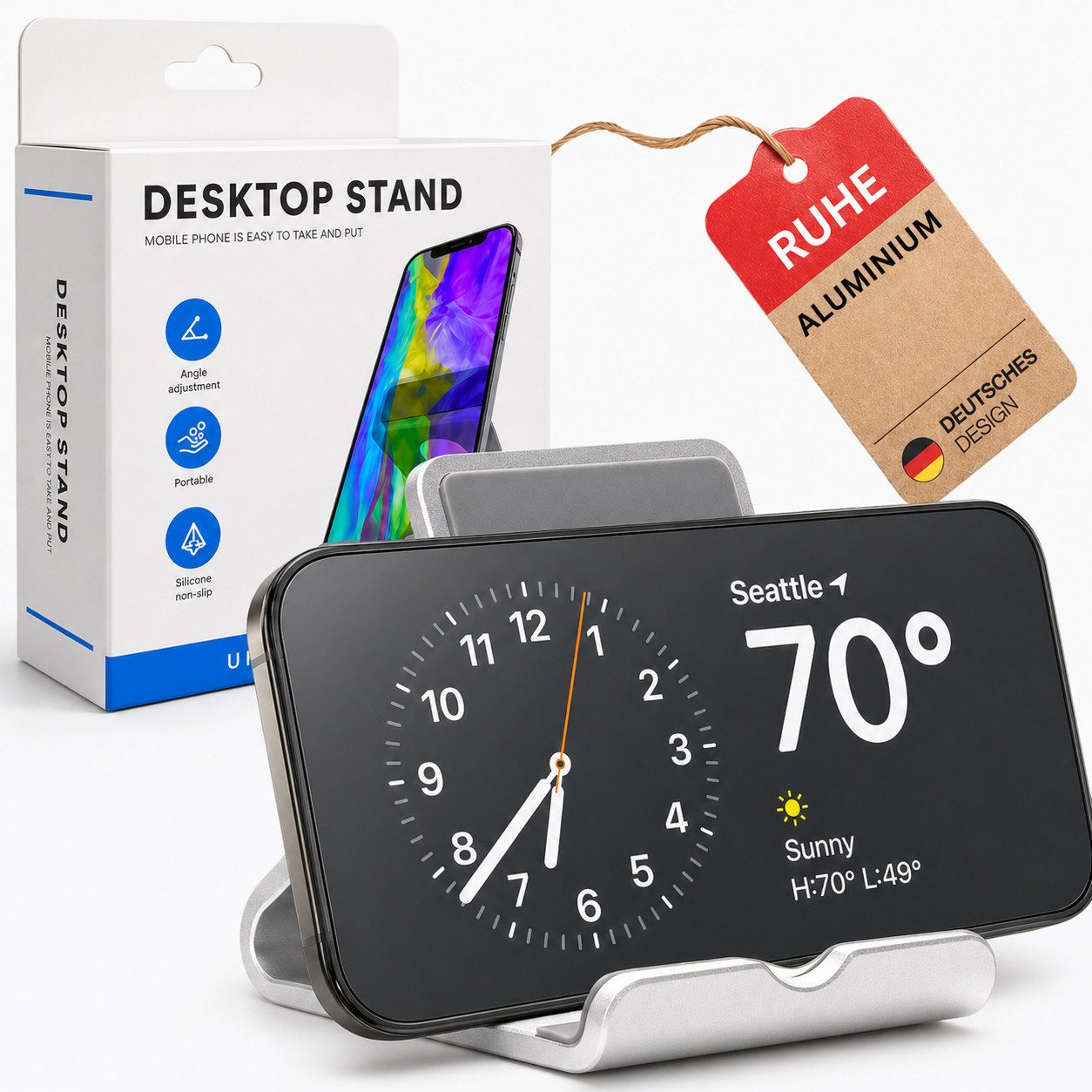 RUHE Handy-Halterung Handy Ständer Halterung für Tisch Schreibtisch in Edelstahl Silber, (bis 11 Zoll, Kompatibel mit allen Smarphones von 4,7-11 Zoll, 1-tlg., Handyständer, kompatibel mit iPhone 17 16 15 14 13 Pro Max Galaxy Ultra S23+ S23 S22)