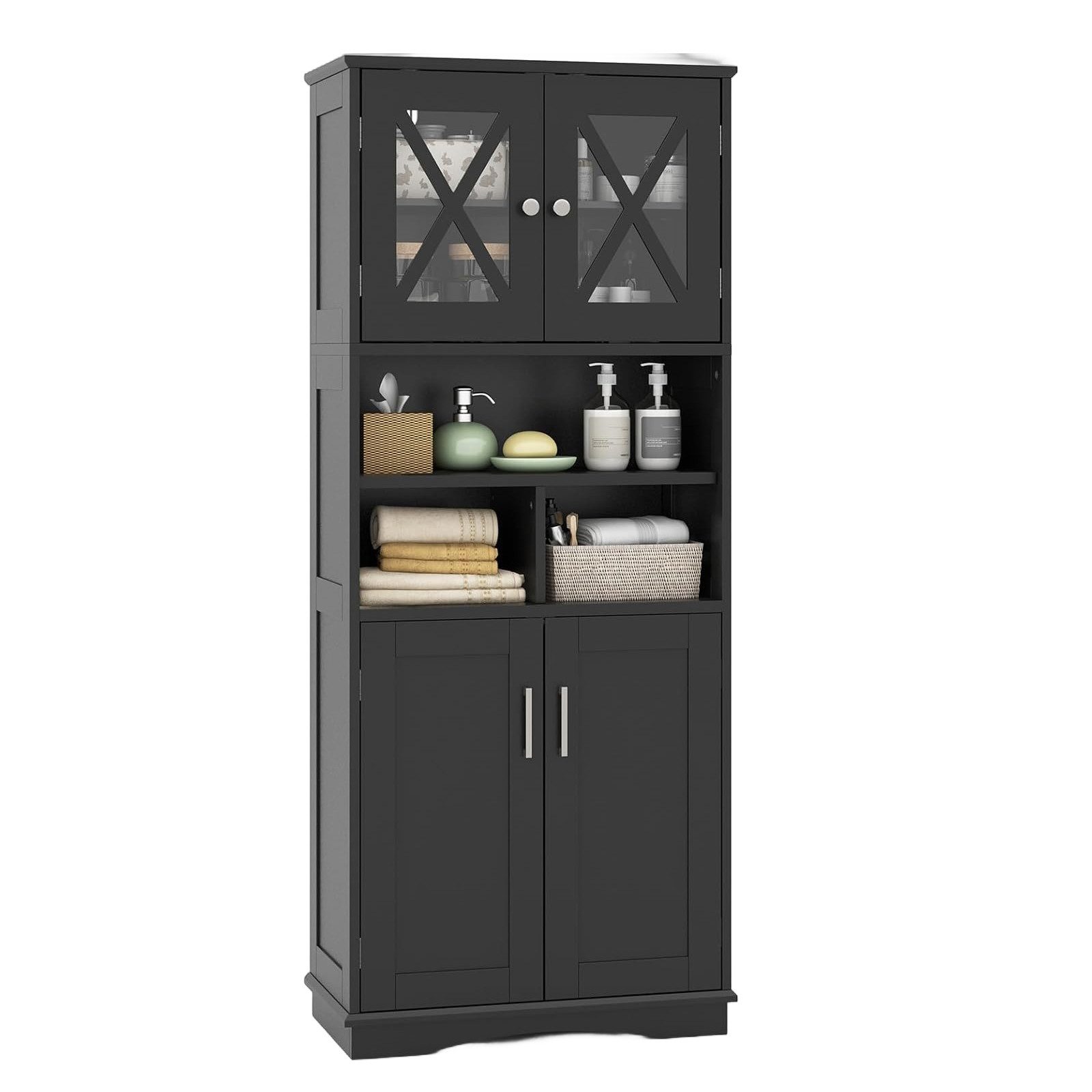 COSTWAY Badkommode schmal, Badschrank mit 4 Türen & 3 verstellbare Ablage