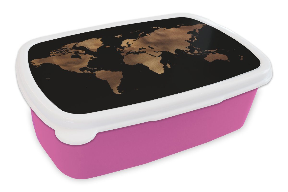 Schwarz Mädchen, Brotdose Kunststoff Brotbox Snackbox, Kinder, - Weltkarte Lunchbox MuchoWow Bronze, Kunststoff, Erwachsene, (2-tlg), rosa für -