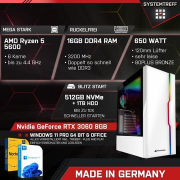 SYSTEMTREFF Basic Gaming-PC (AMD Ryzen 5 5600, GeForce RTX 3060, 16 GB RAM, 1000 GB HDD, 512 GB SSD, Luftkühlung, Windows 11, WLAN)
