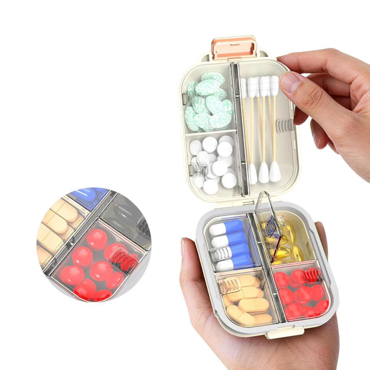 Fyrove Pillendose 7 Fächer, kompakte Medikamentenbox mit doppelter Schnappverriegelung (Silikon-Dichtung, BPA-frei, für Vitamine, Nahrungsergänzung & Reisen)
