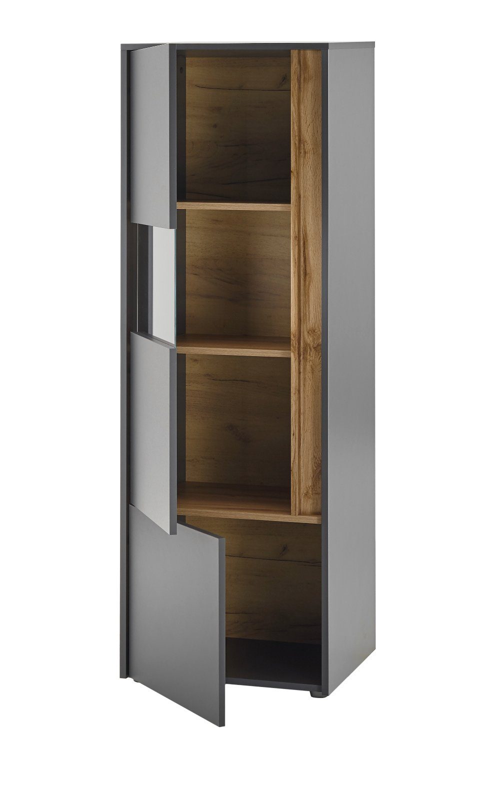 Center, grau Eiche, Wotan (3x IMV in LED Beleuchtung Vitrinenschrank), mit Schrank-Set