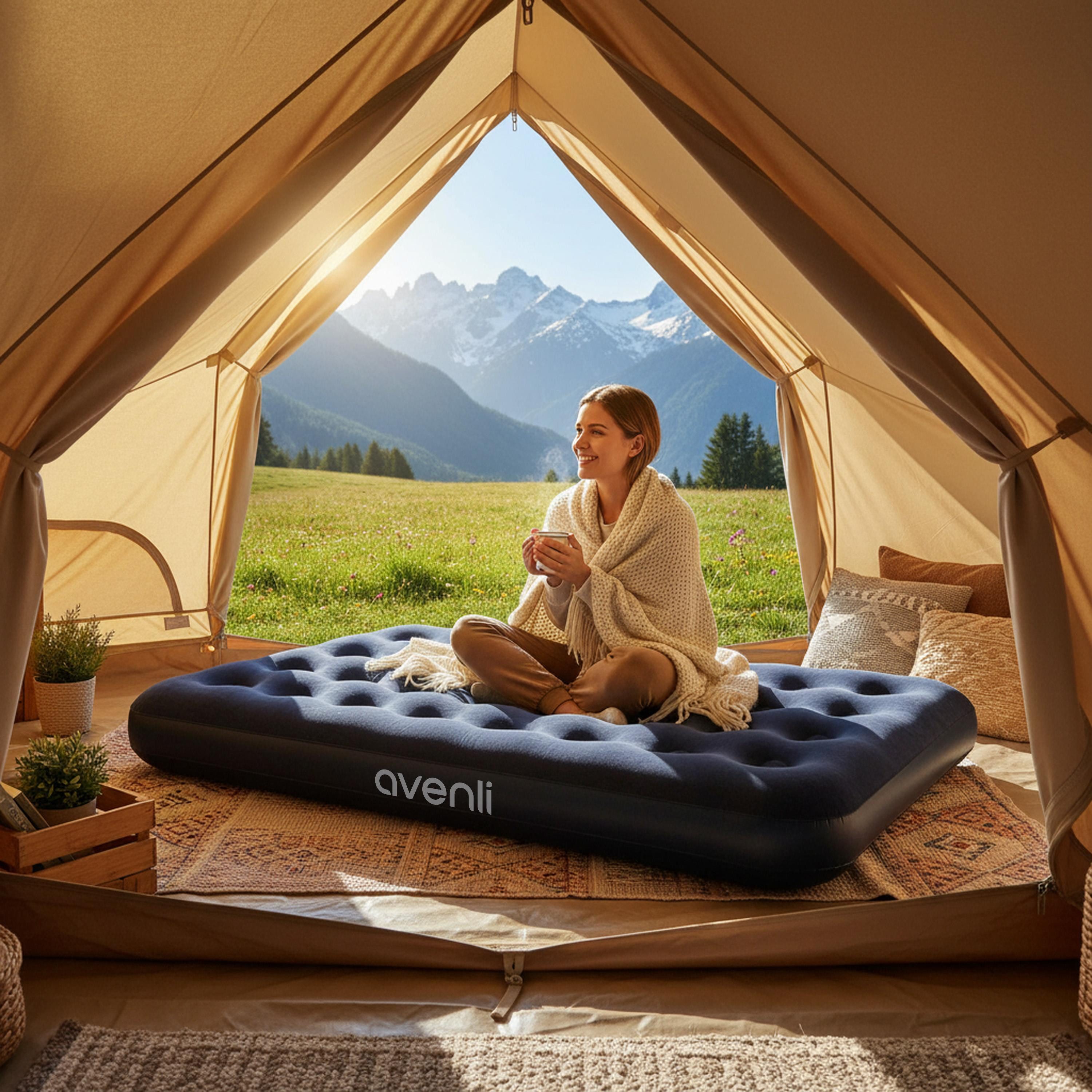 Avenli Luftbett Luftmatratze Camping für 1-2 Personen blau 191x137x22cm Double-Size, (Gästebett aufblasbar Ideal als Reisebett oder Isomatte, 1-tlg., Campingmatratze ohne Pumpe), für Indoor und Outdoor mit beflockter Oberfläche