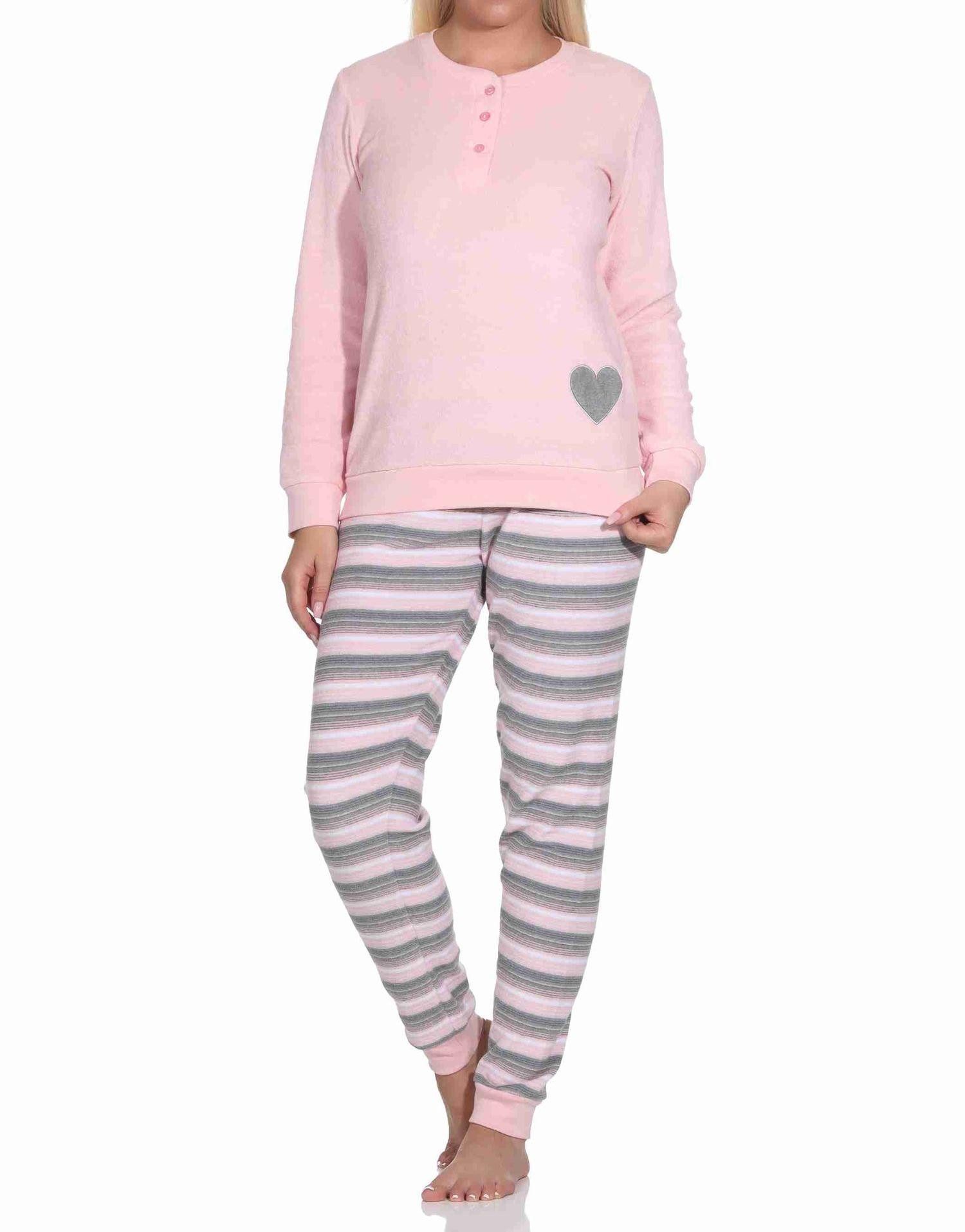 Pyjama Wunderschöner Damen Frottee Schlafanzug mit Bündchen und Herz-Motiv