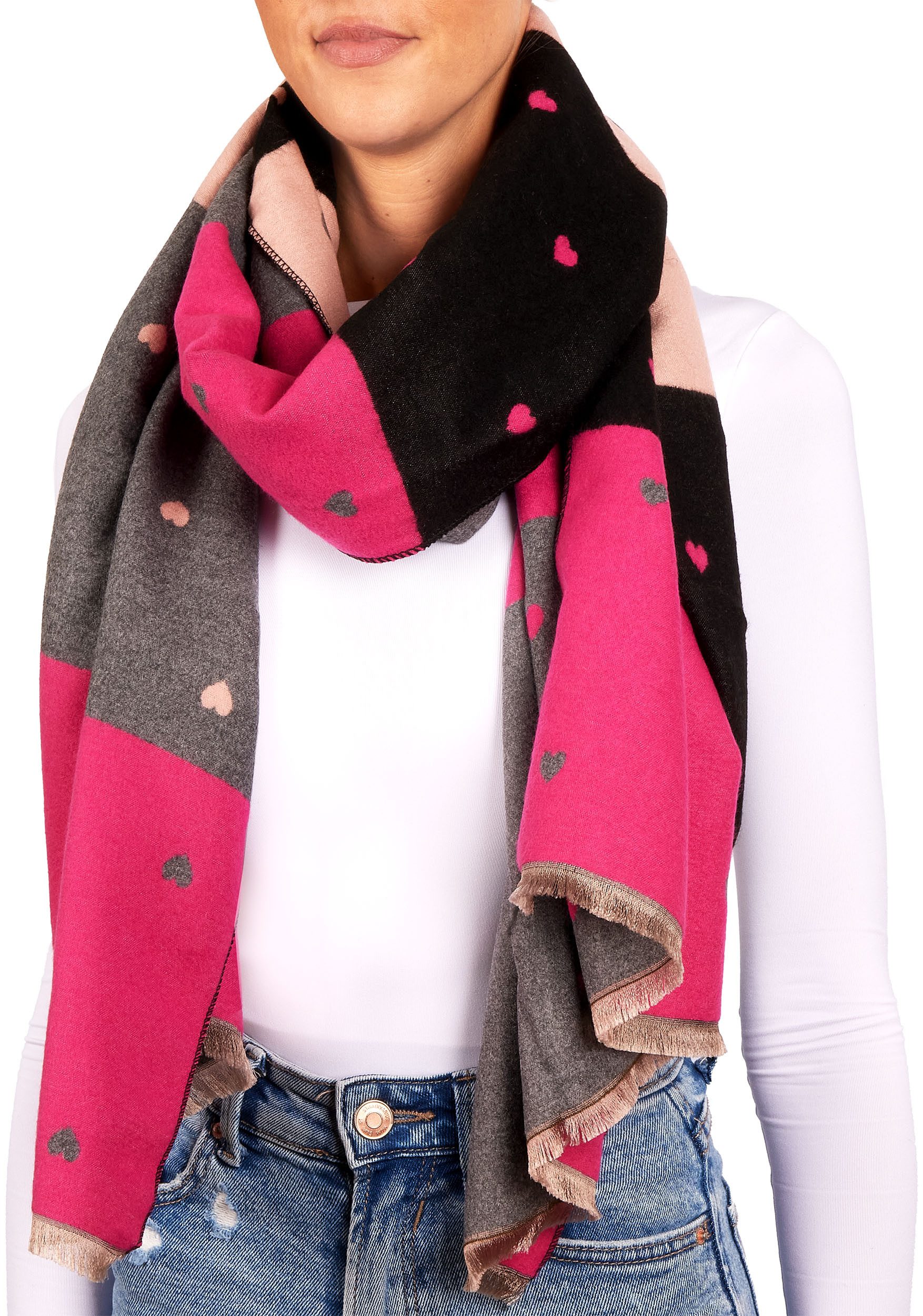 BRUBAKER Schal Cashmirillo Damen Schal mit Herz Muster - 70 x 200 cm, (Weiches Kaschmir-Gefühl, 1-St. für Herbst und Winter), Warm, Kuschelig und Oversized - Herbstschal Winterschal für Frauen