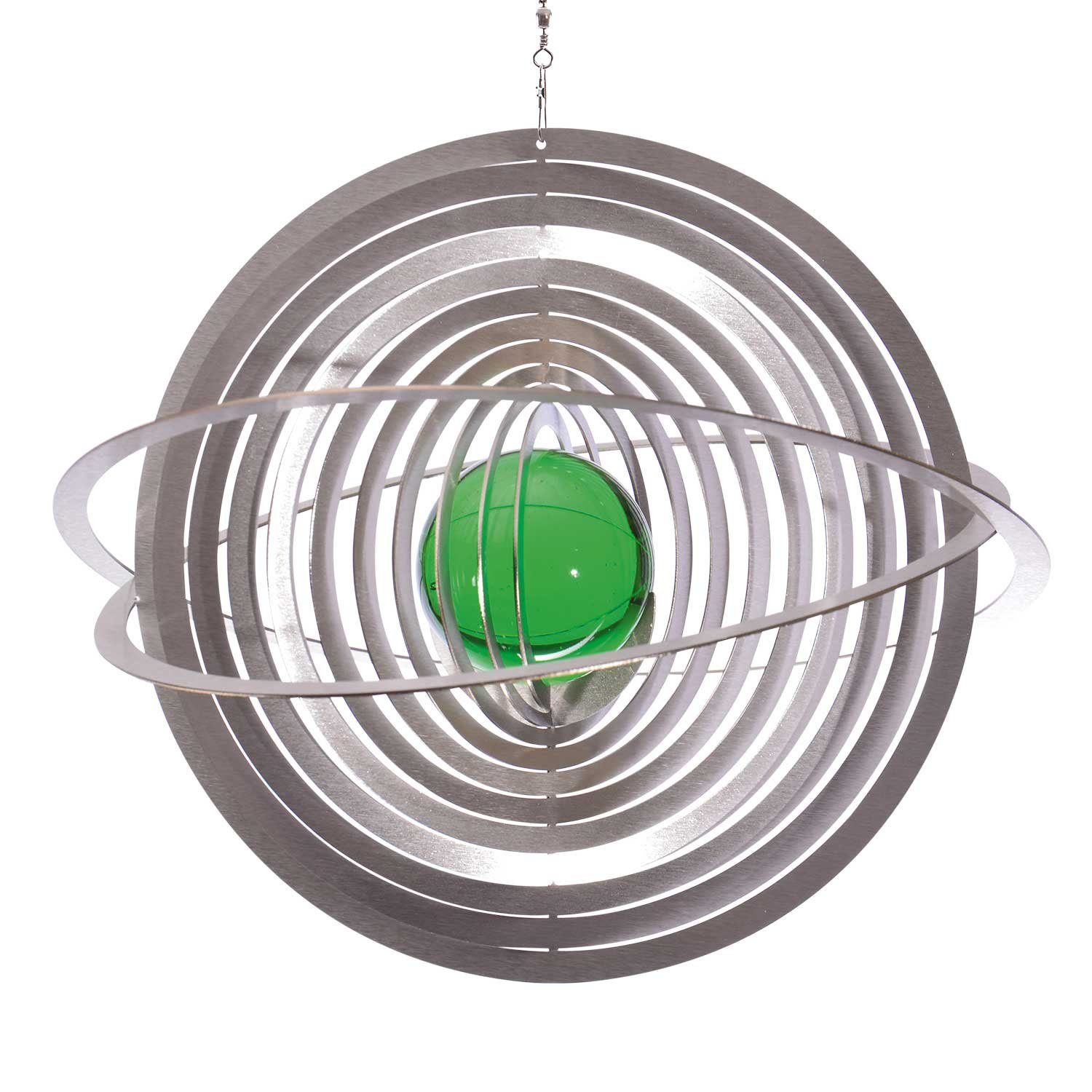 ILLUMINO Windspiel Edelstahl Windspiel Saturn mit smaragdgrüner 35mm Glaskugel Metall Windspiel für Garten und Wohnung Gartendeko Wohn und Fenster Deko