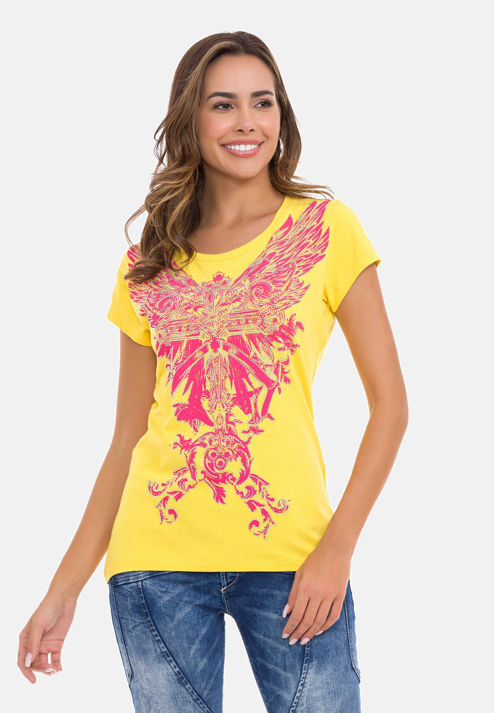 Cipo & Baxx T-Shirt mit modischem Frontprint pink-gelb