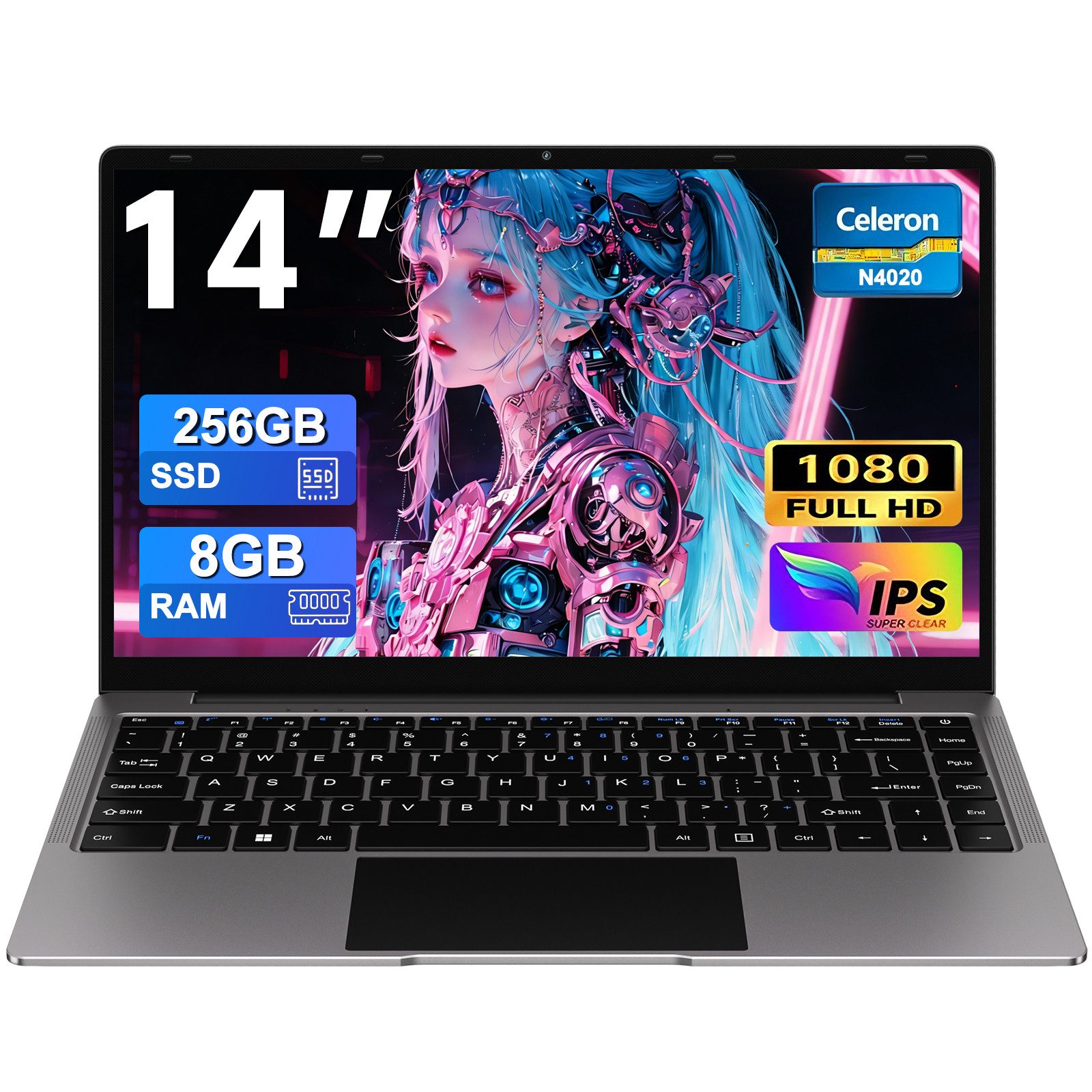 bvate B8 Laptop 14 Zoll 8GB RAM 256GB SSD 1920x1080 Notebook (35 cm/14 Zoll, Celeron N4020, Celeron N4020, 8 GB, 256 GB SSD, 180° Drehung/Low Blue Light-Zertifizierung/Deutsche Tastaturaufkleber)