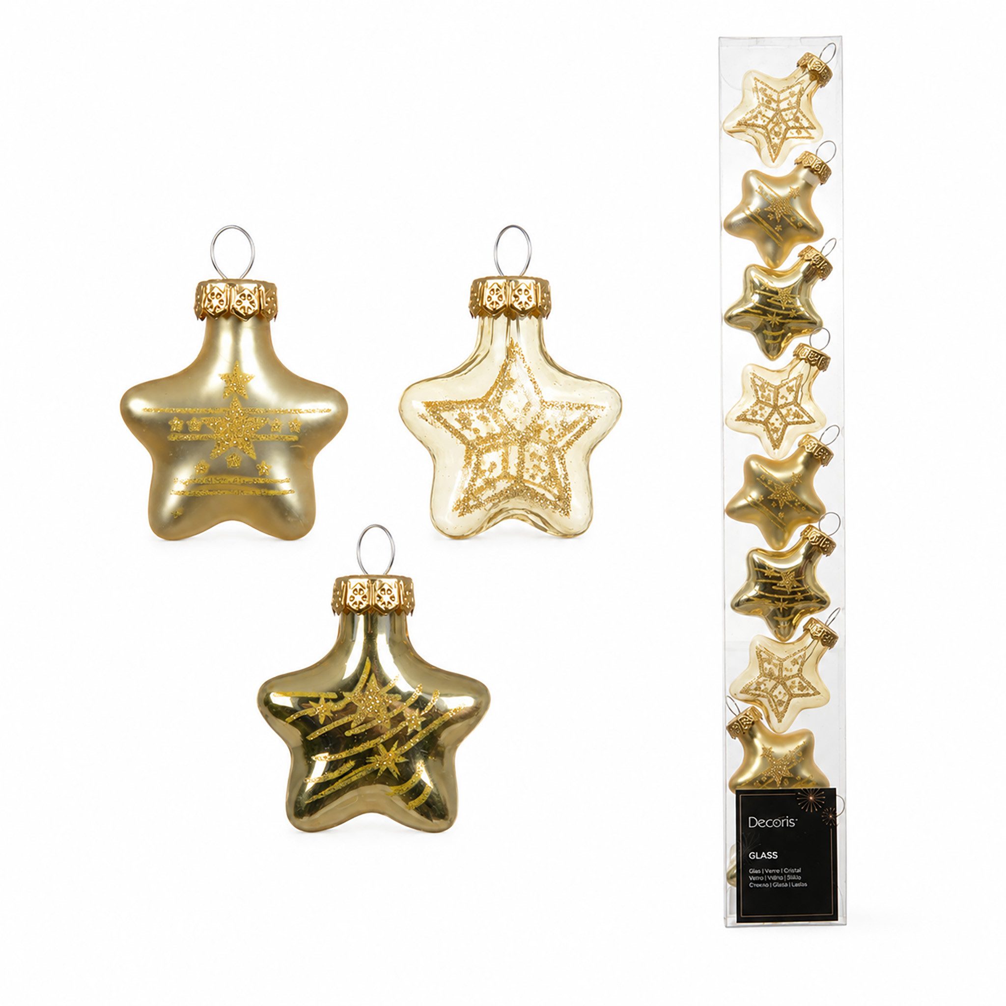 Kaemingk Weihnachtsbaumkugel, Christbaumschmuck Sterne Mix 3cm Glas 9er Set - Hellgold