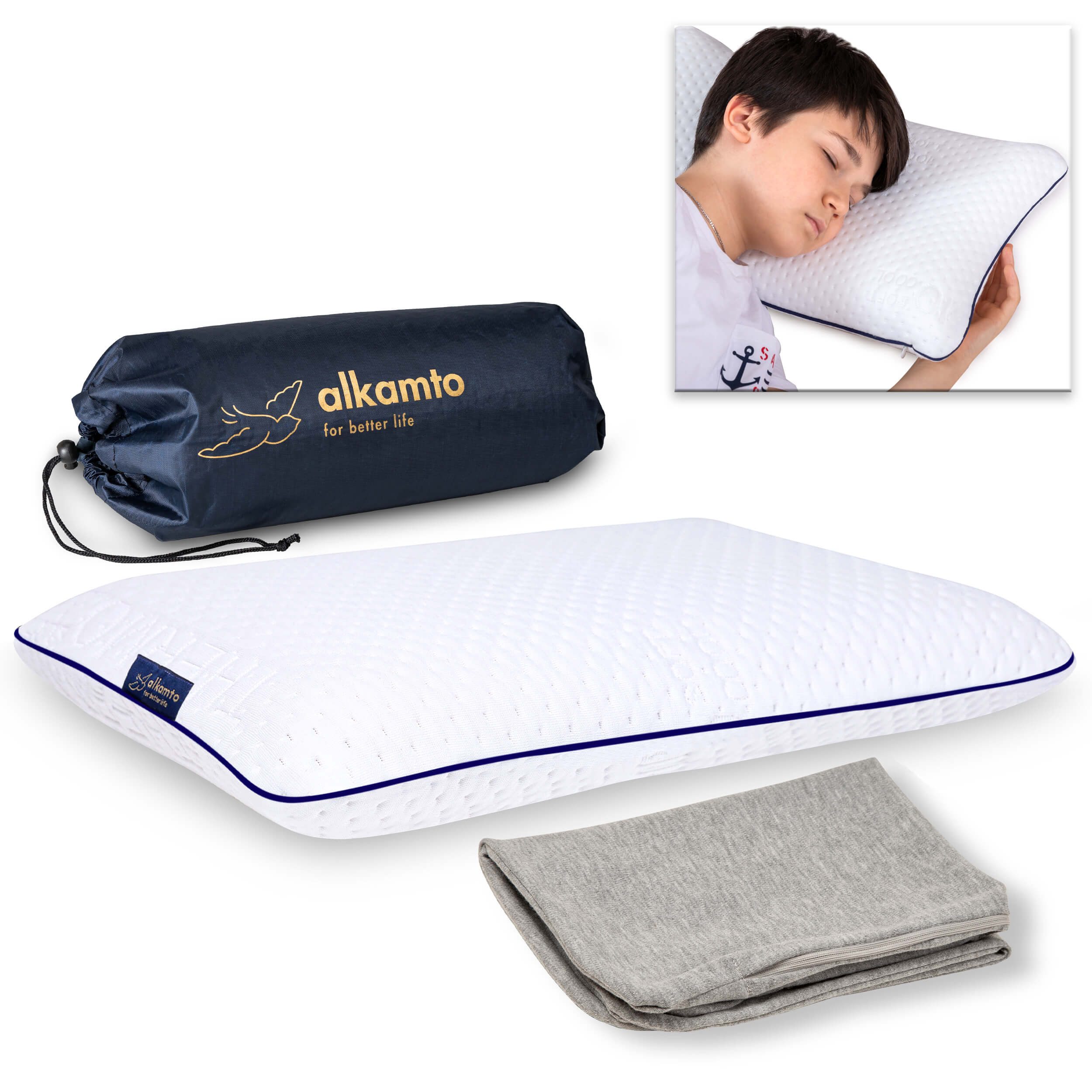 Alkamto Kopfkissen Alkamto Kinder Orthopädisches Memory Foam Kissen 50x32x6 cm, Füllung: 100% Memory-Smart-Schaum, Bezug: Viskose, Seitenschläfer, Bauchschläfer, Rückenschläfer, 100% Baumwolle, Äußerer Bezug: Viskose, Füllung: 100% Viscoschaum