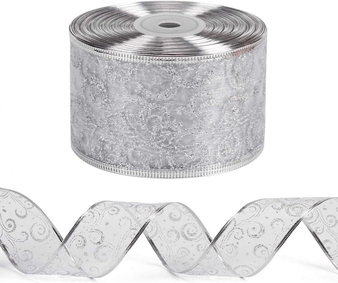 Thumbnail - LuxusKollektion Geschenkfolie Wired Christmas Holiday Band Silver Glitter Ribbon 63mm x 22m Silver
