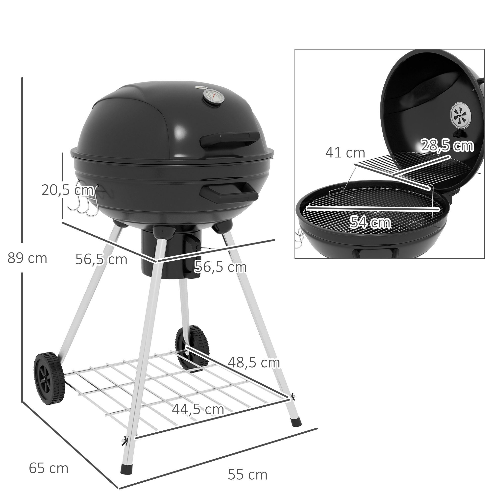 Outsunny Holzkohlegrill Campinggrill mit Grillrost, Rädern, Ablage, Grillwagen, Gartengrill, für BBQ Metall Schwarz 55 x 65 x 89 cm