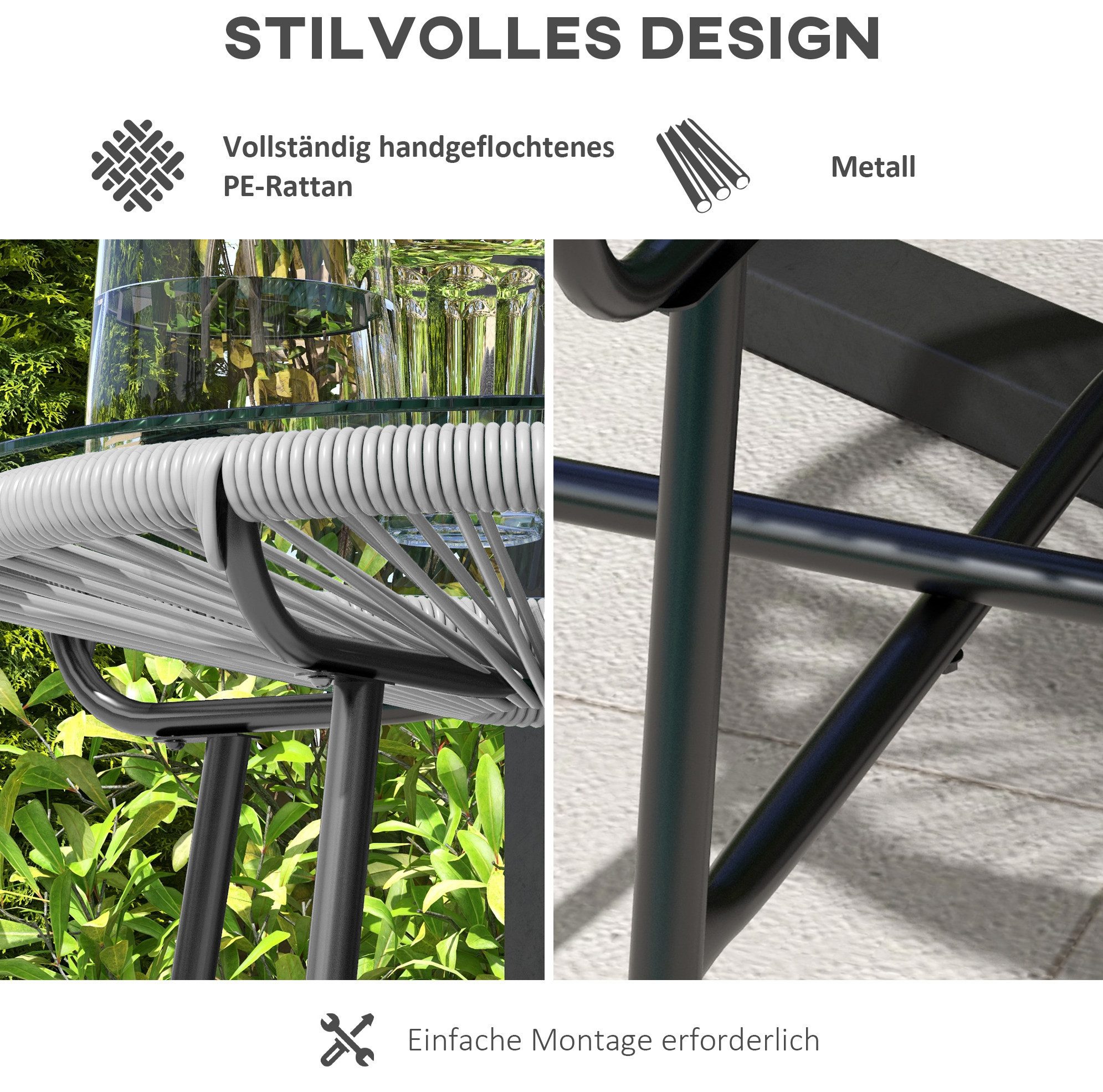 OKWISH Gartentisch PE-Rattan Outdoor Tisch mit gehärteter Glasplatte, wetterfest (Packung, 1-St., Kleiner Balkon- und Terrassentisch im Boho Design, runder Tisch), Gartentisch Boho Stil 50 x 50 x 50 cm, Beistelltisch Schwarz+Grau