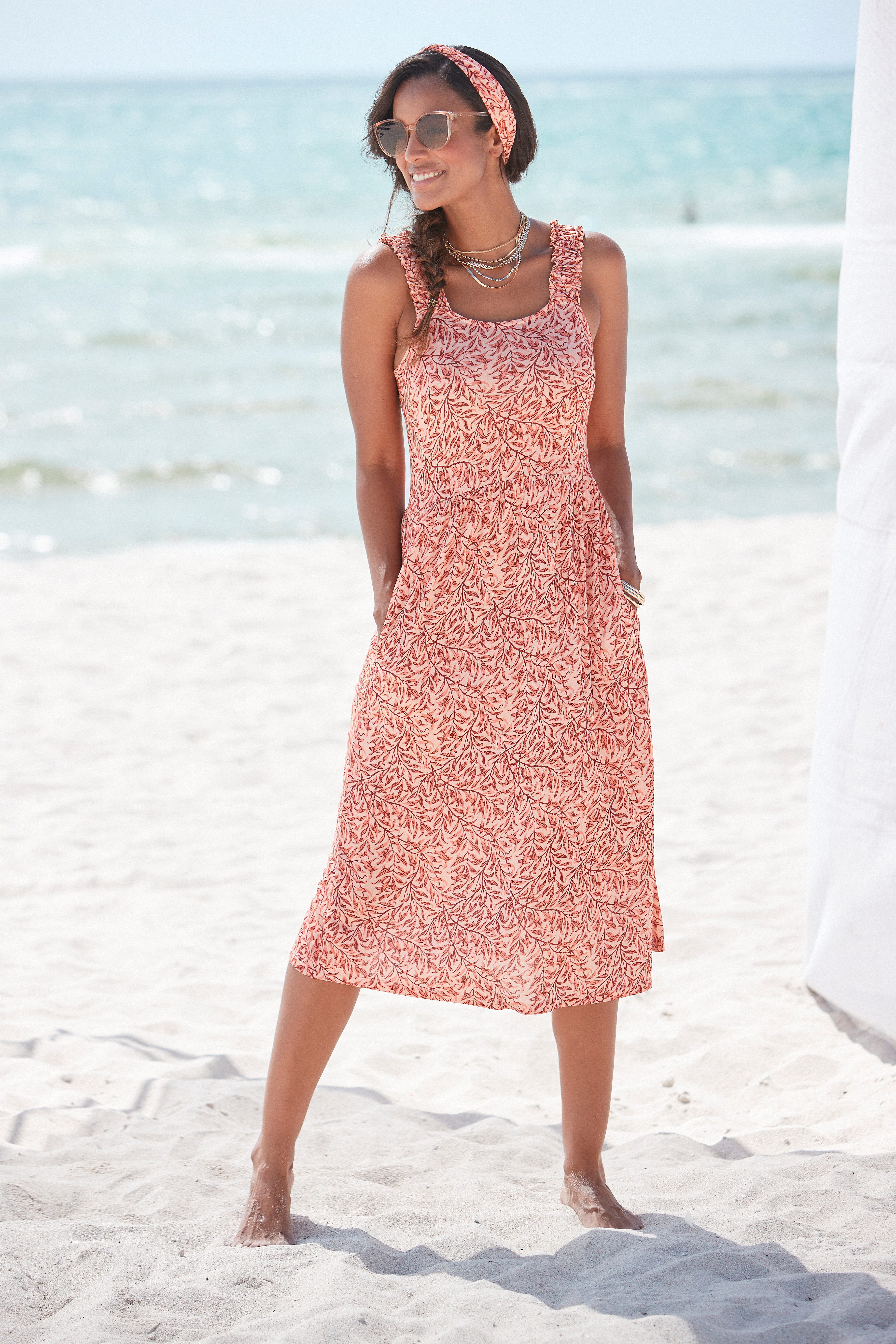 Beachtime by Lascana Jerseykleid mit Taschen, kniebedeckendes Sommerkleid aus Viskose mit Blätterdruck Luftiges Strandkleid, Trägerkleid, Midikleid, figurumspie – Bild 5 von 5