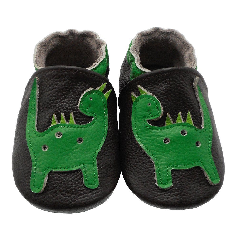 Yalion Weiche Leder Lauflernschuhe Hausschuhe Lederpuschen Dino Schwarz Krabbelschuh