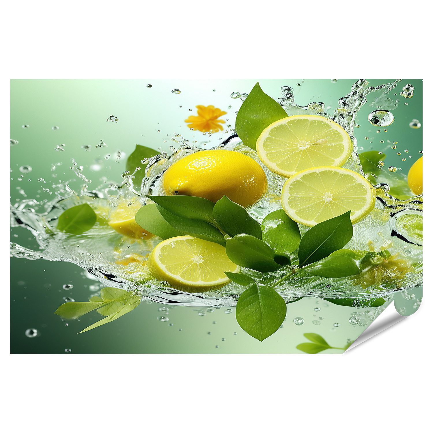 islandburner Poster Zitronen Minzwasser spritzt Tropfen Küchenbild für Küche Fotodruck
